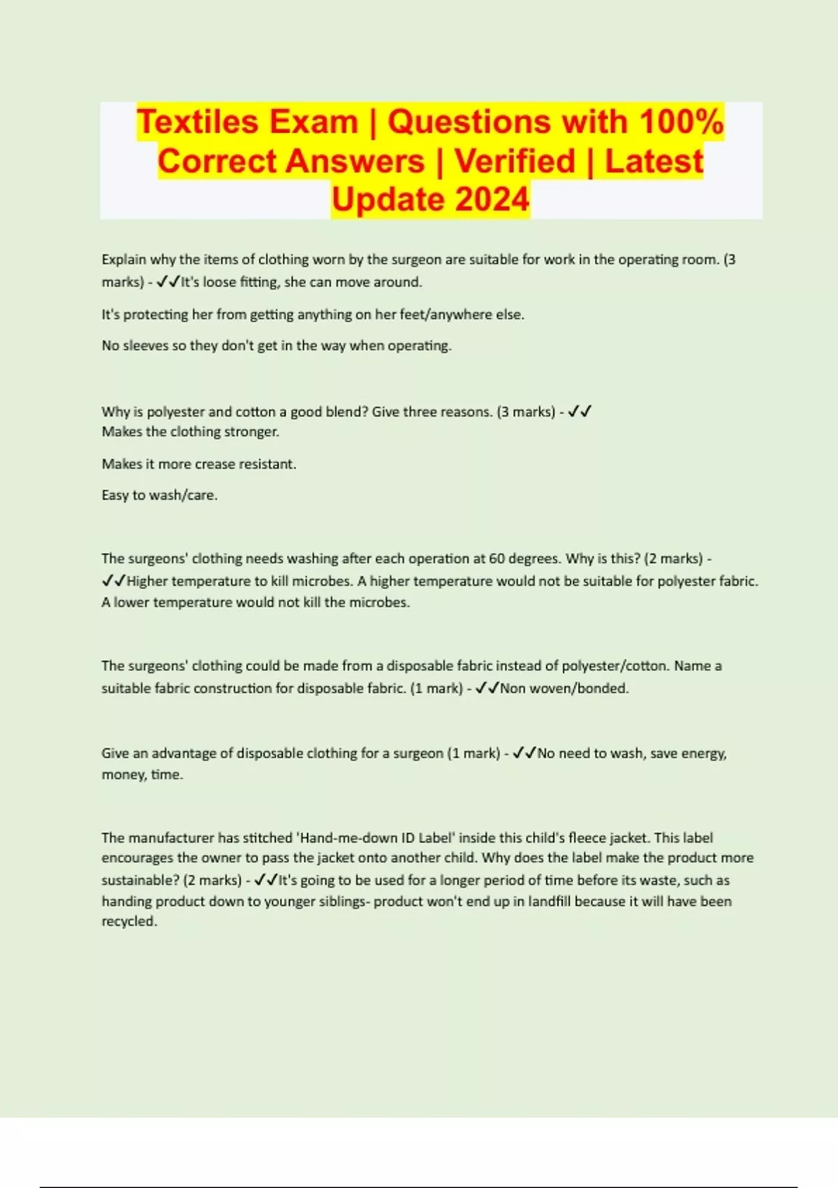 Textiles Exam Questions with 100 Correct Answers Verified Latest