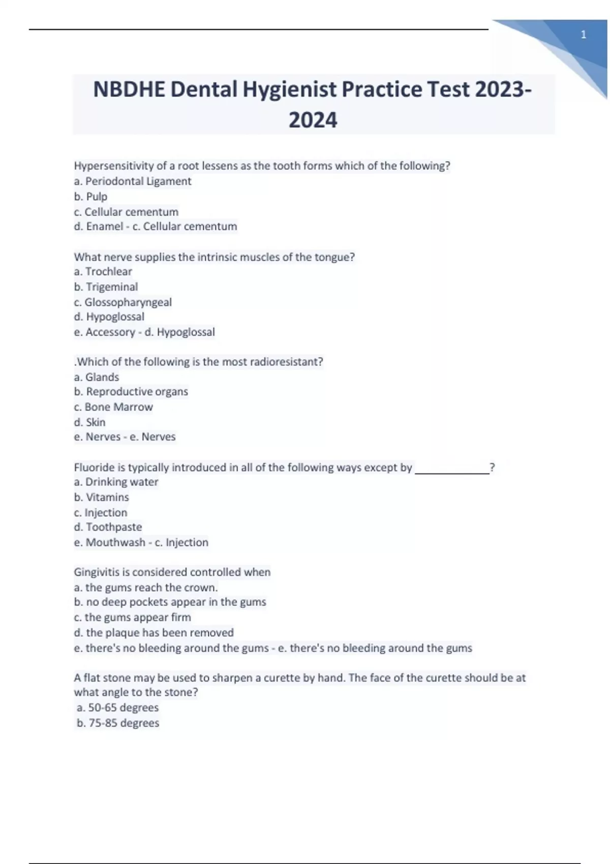 NBDHE Dental Hygienist Practice Test Graded A+ NBDHE Dental Hygienist