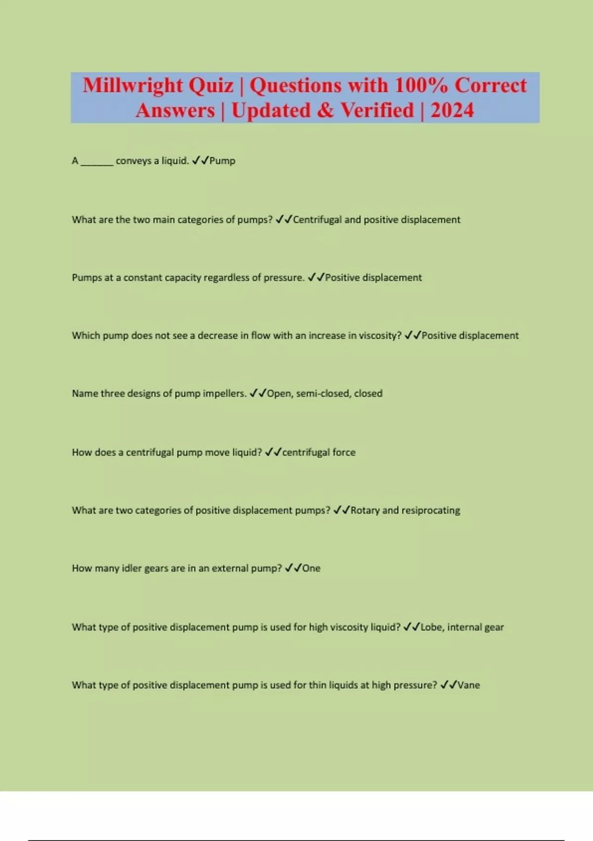 Millwright Quiz Questions with 100 Correct Answers Updated & Verified 2024 Millwright