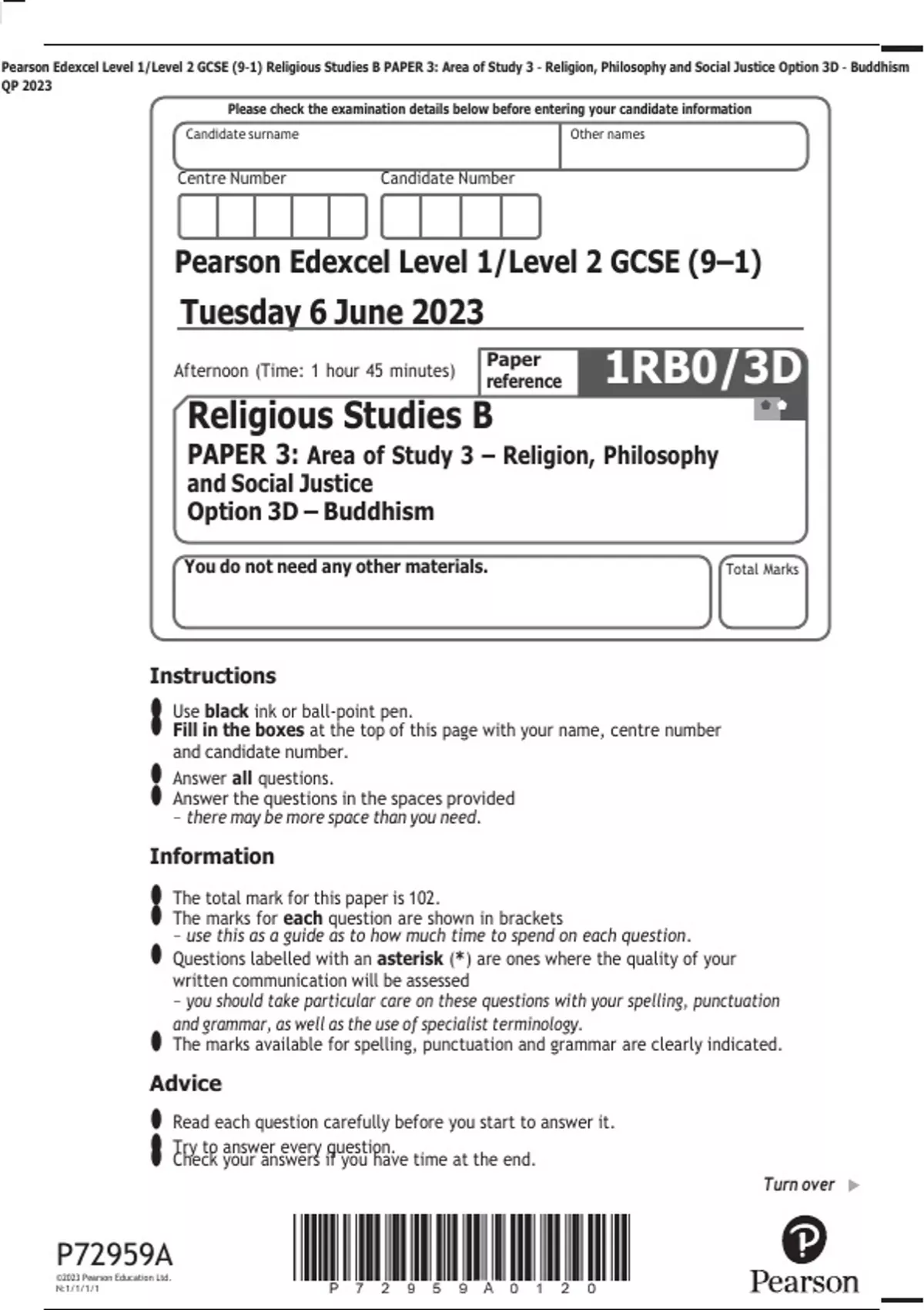 Pearson Edexcel Level 1/Level 2 GCSE (91) Religious Studies B PAPER 3