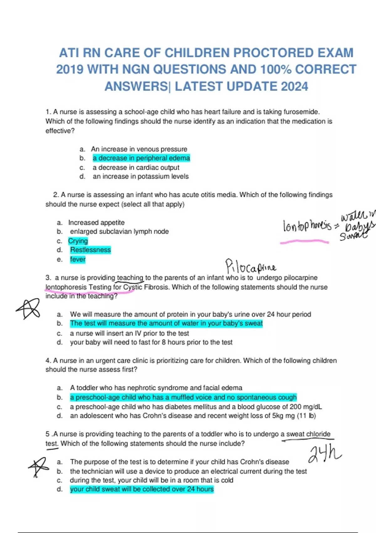 ATI RN CARE OF CHILDREN PROCTORED EXAM 2019 WITH NGN QUESTIONS AND 100% ...