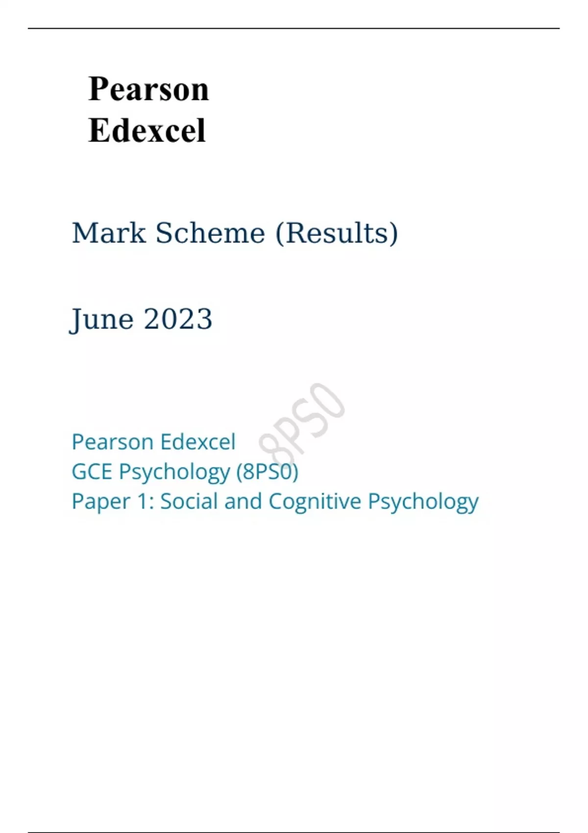 Pearson Edexcel AS Psychology paper 1 QUESTION PAPER and MARK SCHEME ...
