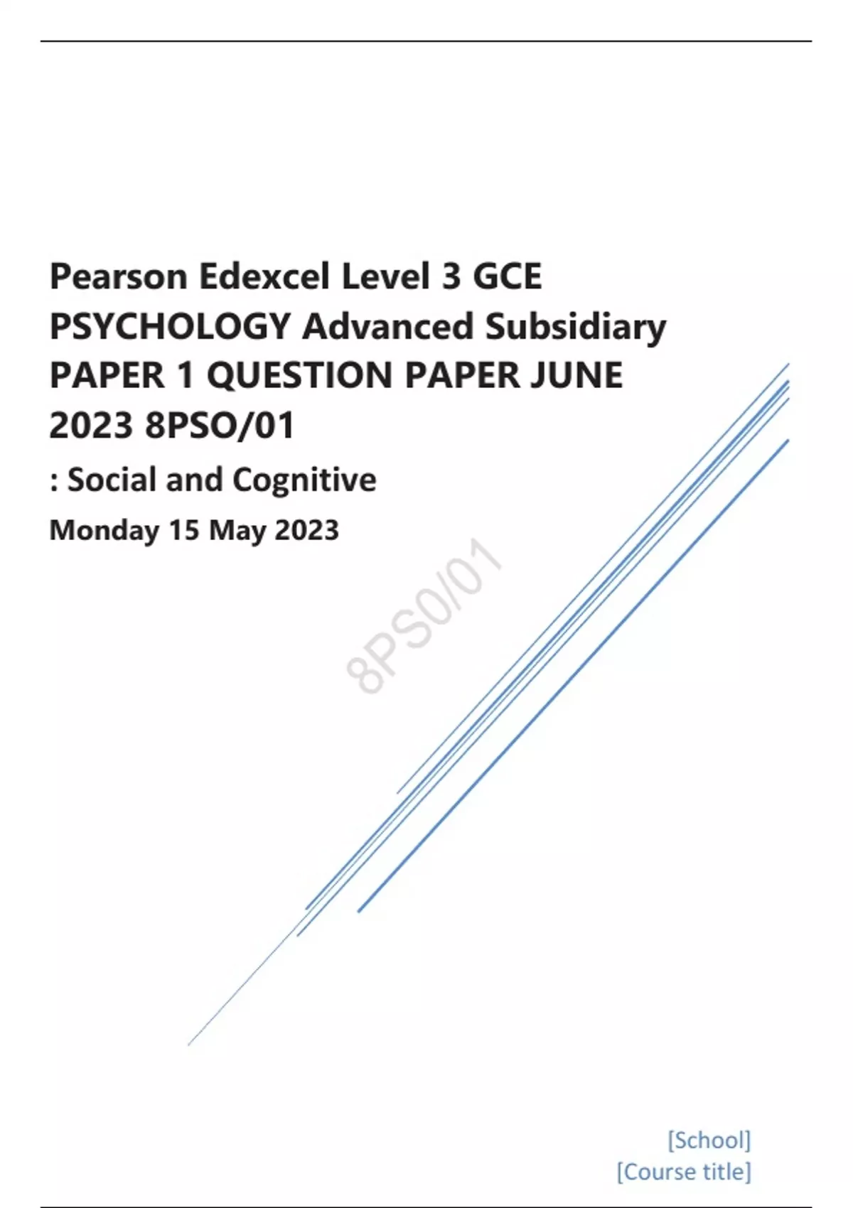 Pearson Edexcel AS Psychology paper 1 QUESTION PAPER JUNE 2023 ...