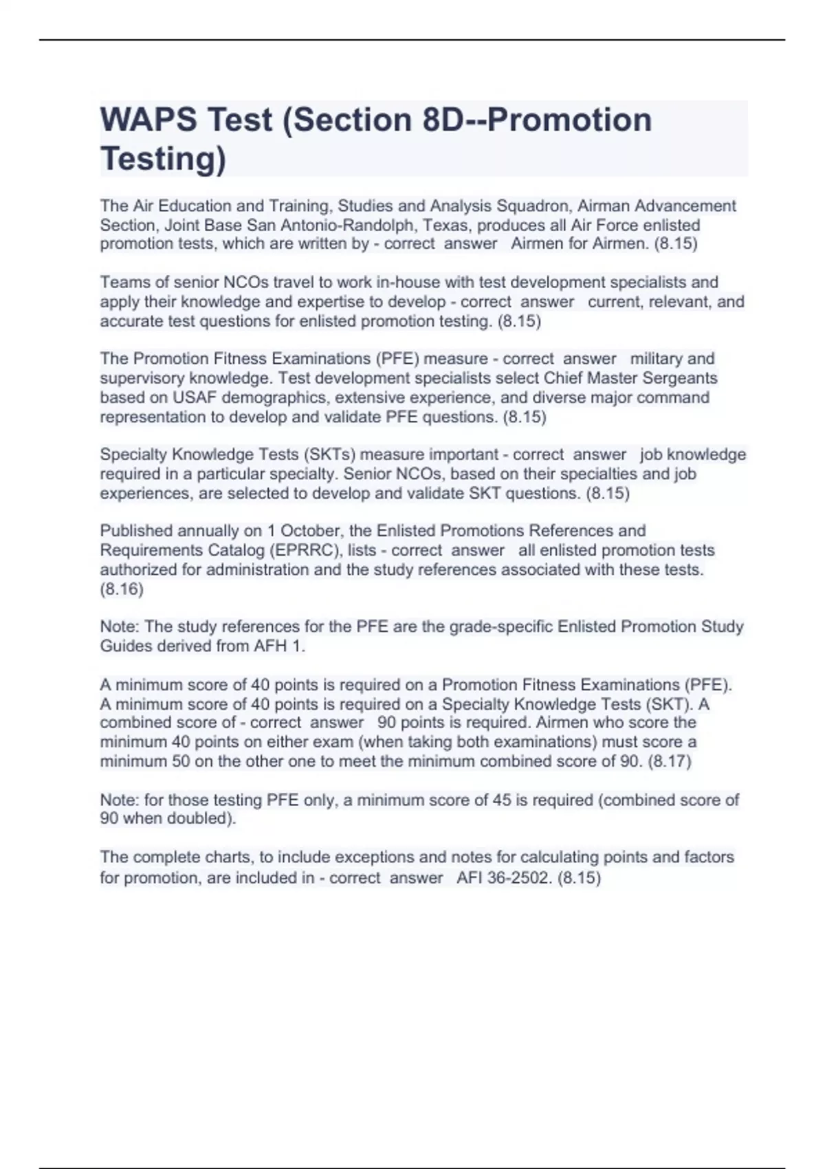 Waps Testing WAPS Test (Section 8D--Promotion Testing) QUESTIONS WITH GUARANTEED ...