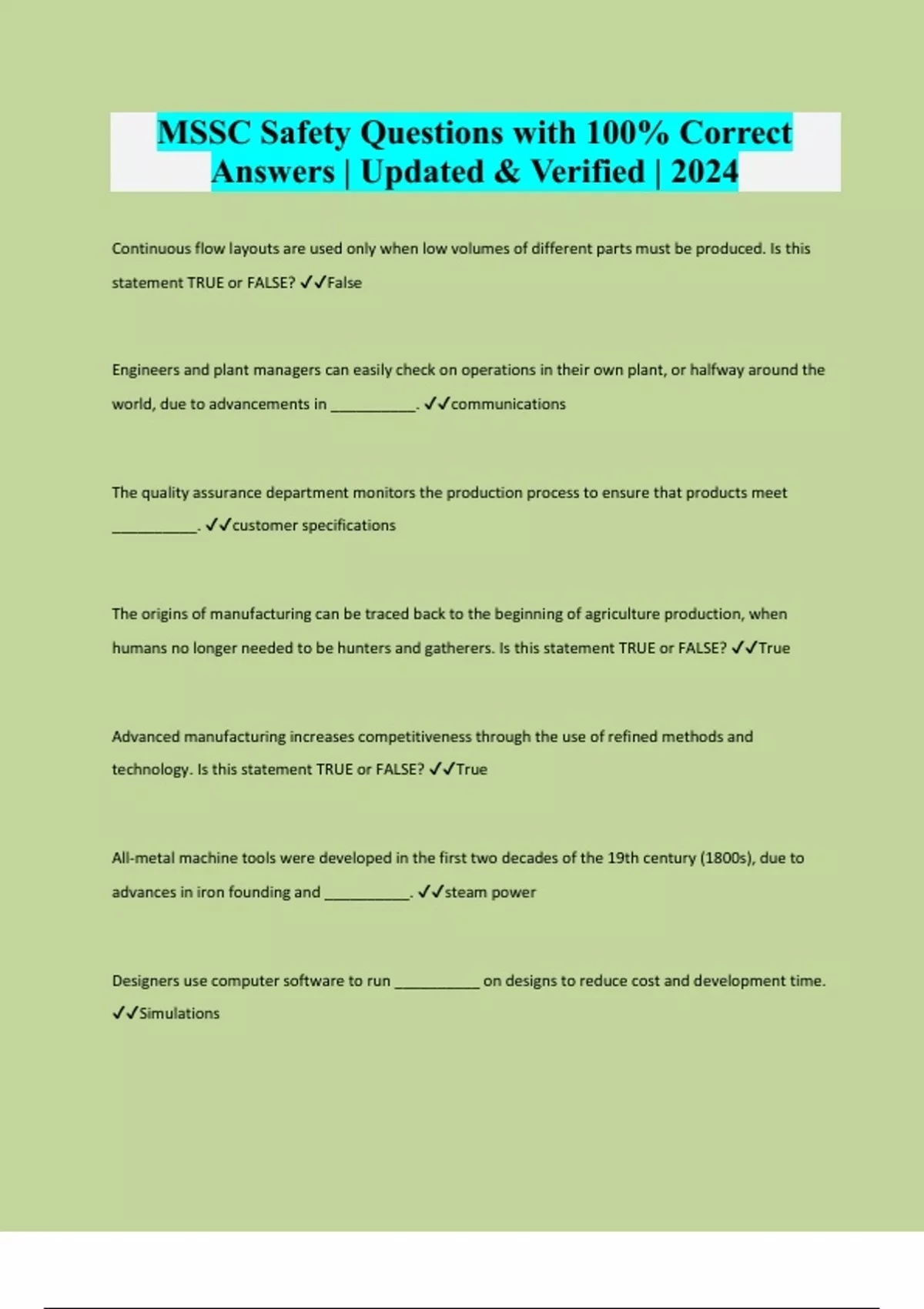 MSSC Safety Questions with 100 Correct Answers Updated & Verified