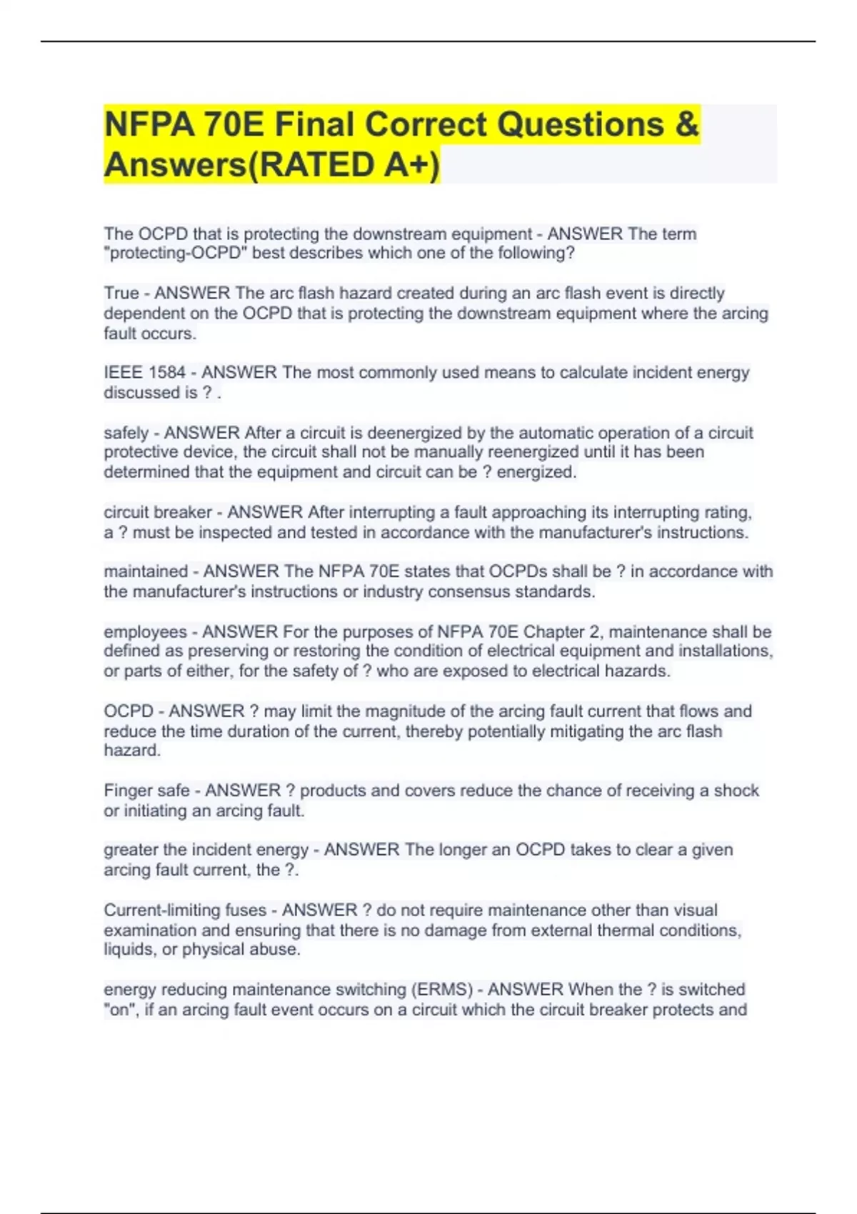 NFPA 70E Final Correct Questions & Answers(RATED A+) - NFPA 70E - Stuvia US