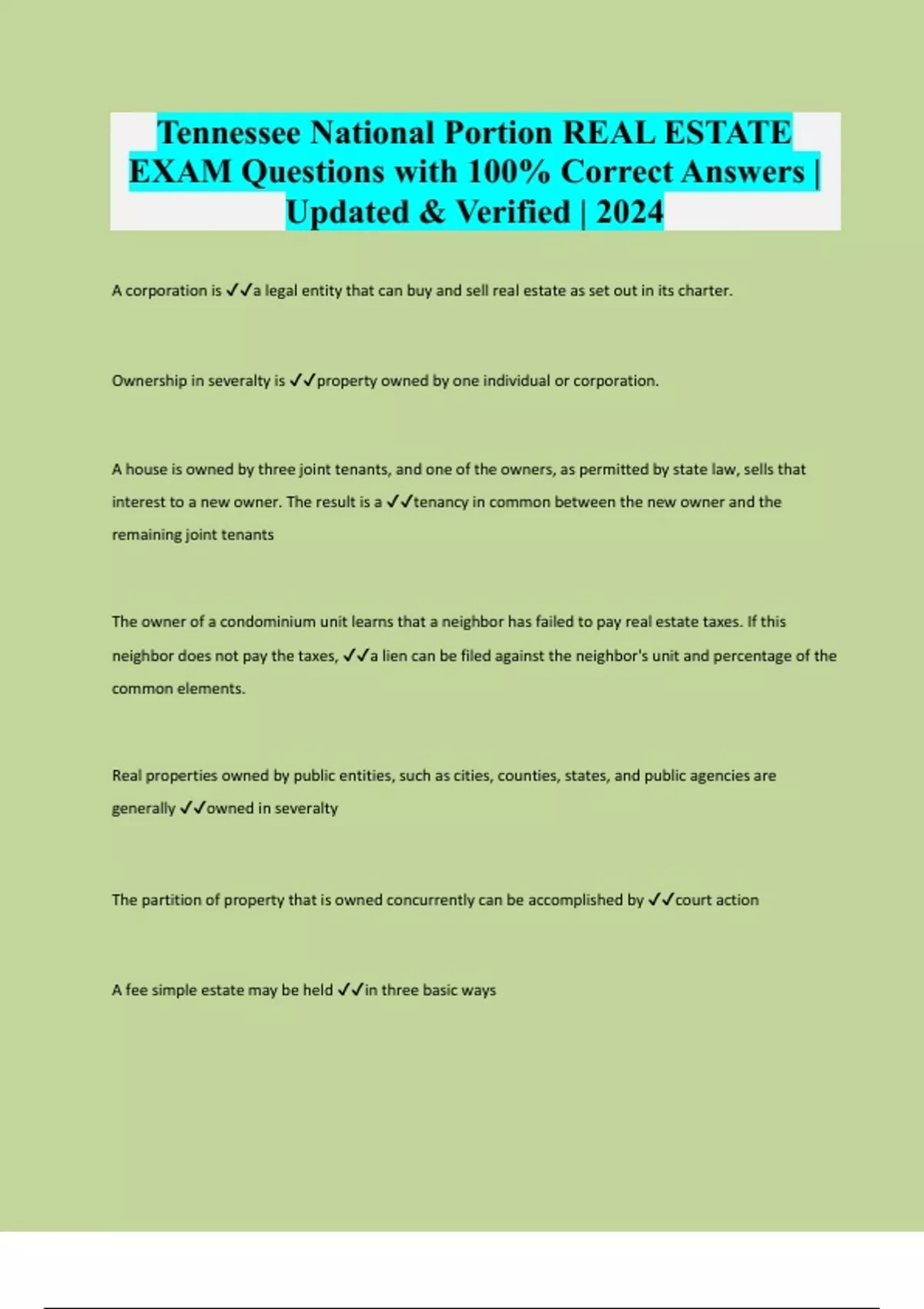 Tennessee National Portion REAL ESTATE EXAM Questions with 100 Correct