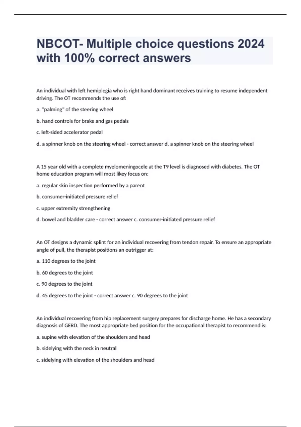 Nbcot Question Examples NBCOT- Multiple choice questions 2024 with 100% correct answers - NBCOT ...