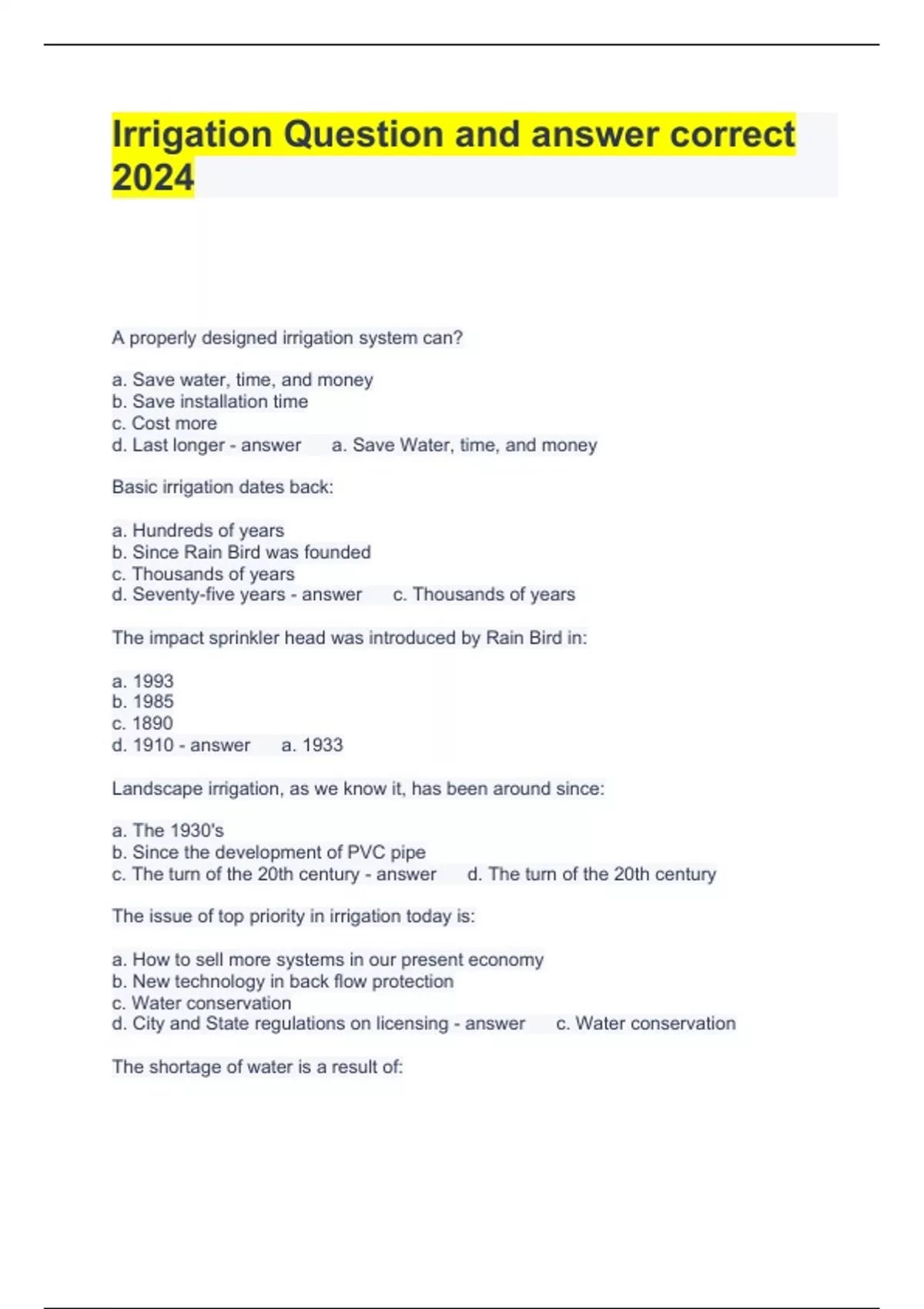 Irrigation Question and answer correct 2024 Irrigation Stuvia US