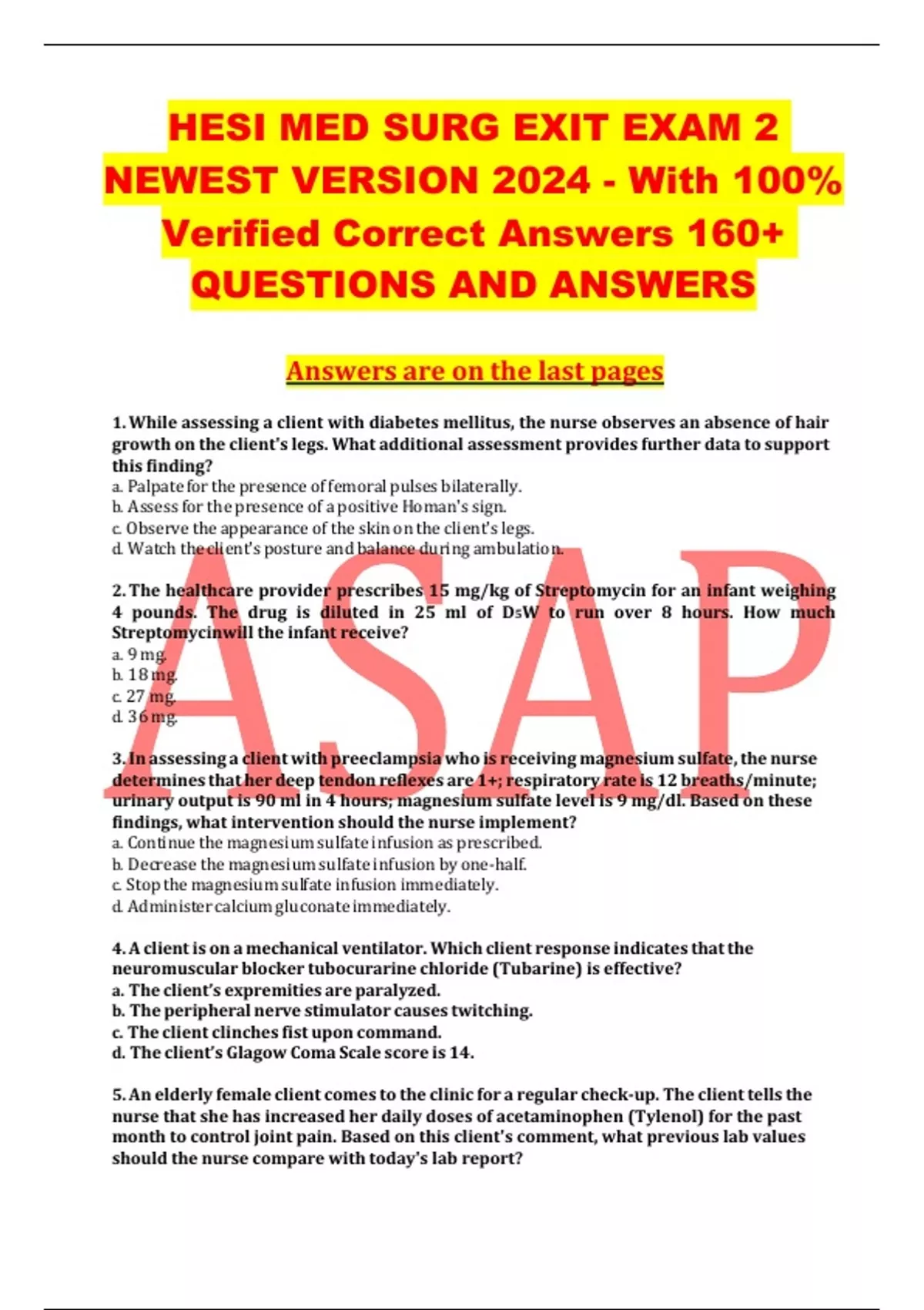 HESI MED SURG EXIT EXAM 2 NEWEST VERSION 2024 - With 100% Verified ...