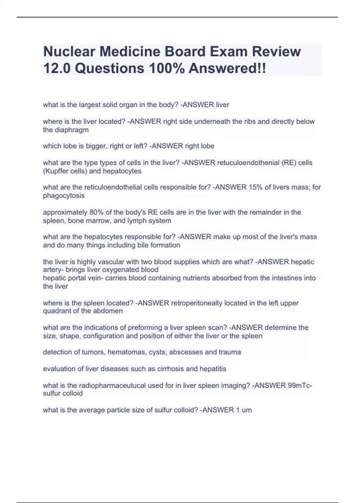 Nuclear Medicine Board Exam Review 12.0 Questions 100 Answered