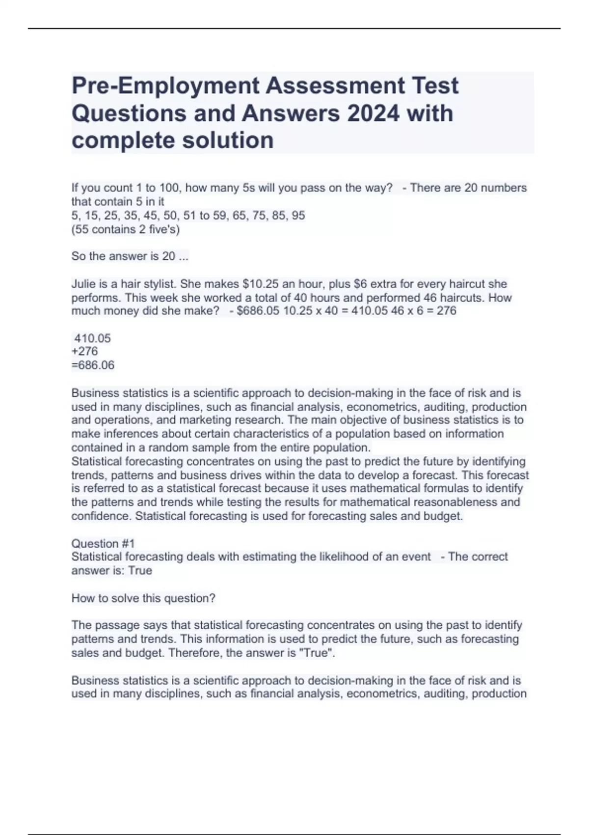Pre-Employment Assessment Test Questions and Answers 2024 with complete ...