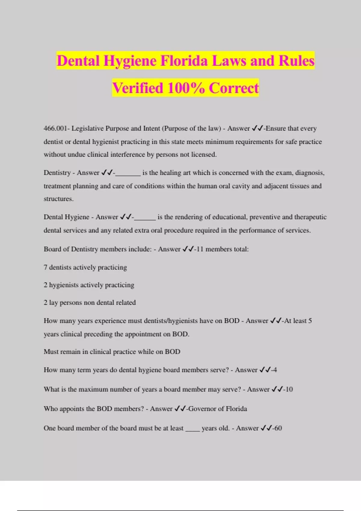 Dental Hygiene Florida Laws and Rules Verified 100 Correct Florida