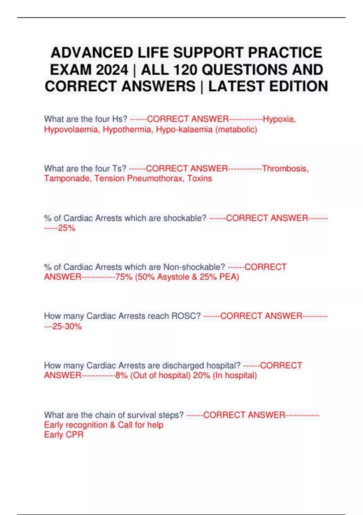 ADVANCED LIFE SUPPORT PRACTICE EXAM 2024 | ALL 120 QUESTIONS AND ...