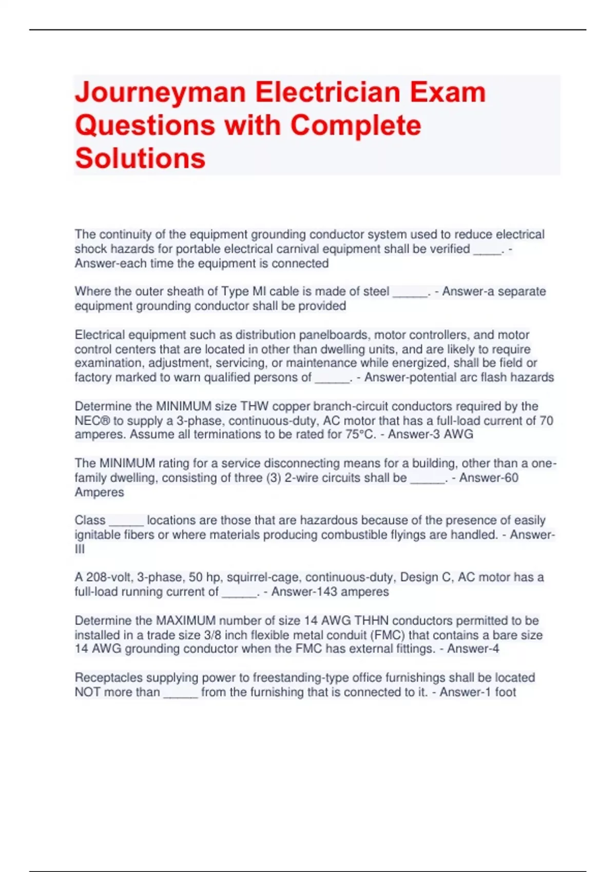 Journeyman Electrician Exam Questions with Complete Solutions