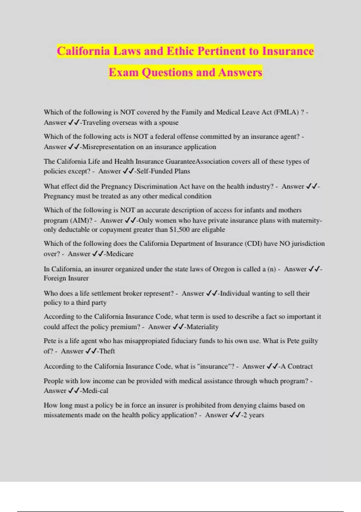 California Laws and Ethic Pertinent to Insurance Exam Questions and