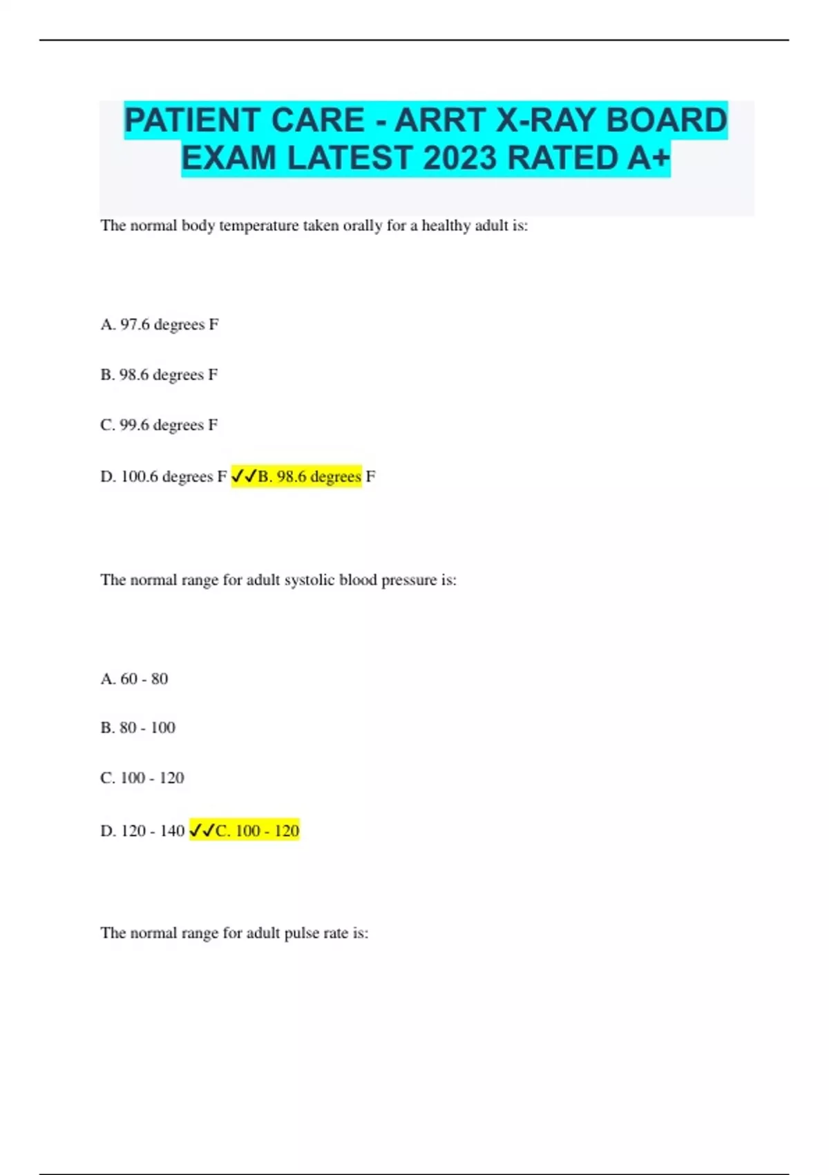 PATIENT CARE - ARRT X-RAY BOARD EXAM LATEST 2023 RATED A+ - ARRT ...
