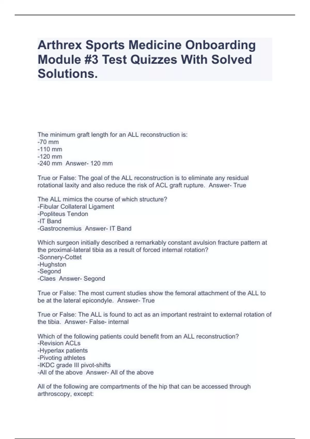 Arthrex Sports Medicine Onboarding Module 3 Test Quizzes With Solved
