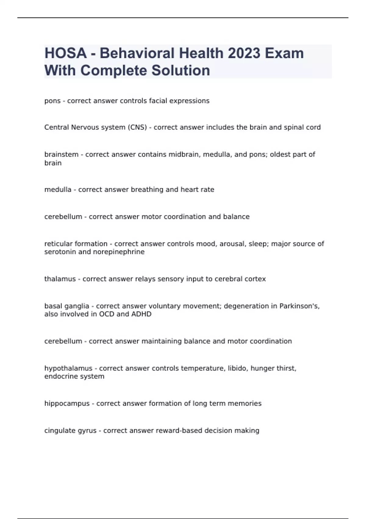 HOSA Behavioral Health 2023 Exam With Complete Solution APTA