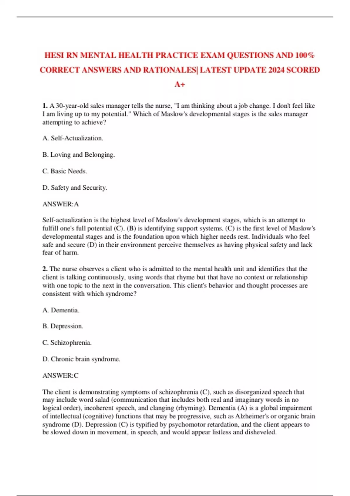 HESI RN MENTAL HEALTH PRACTICE EXAM QUESTIONS AND 100% CORRECT ANSWERS AND RATIONALES| LATEST ...