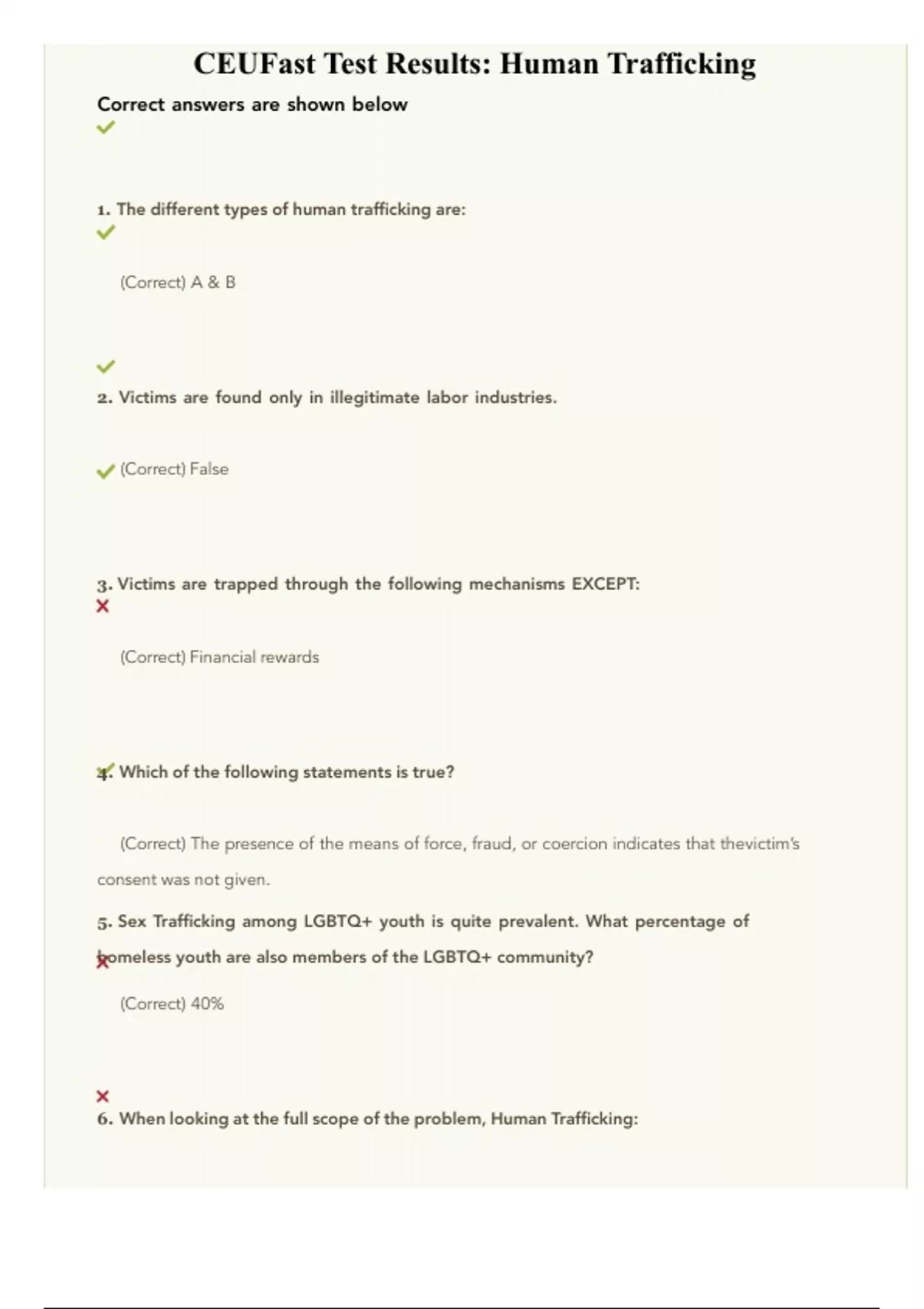 CEUFast Test Results- Human Trafficking - CEUfast - Stuvia US
