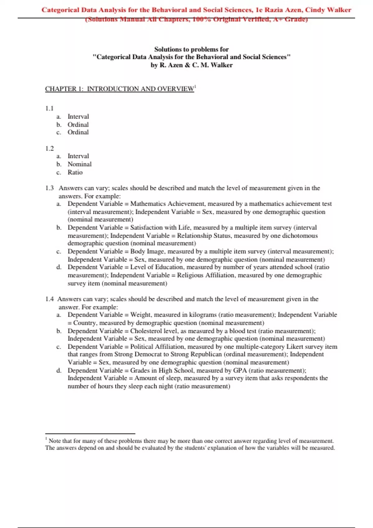 Solutions Manual For Categorical Data Analysis for the Behavioral and ...