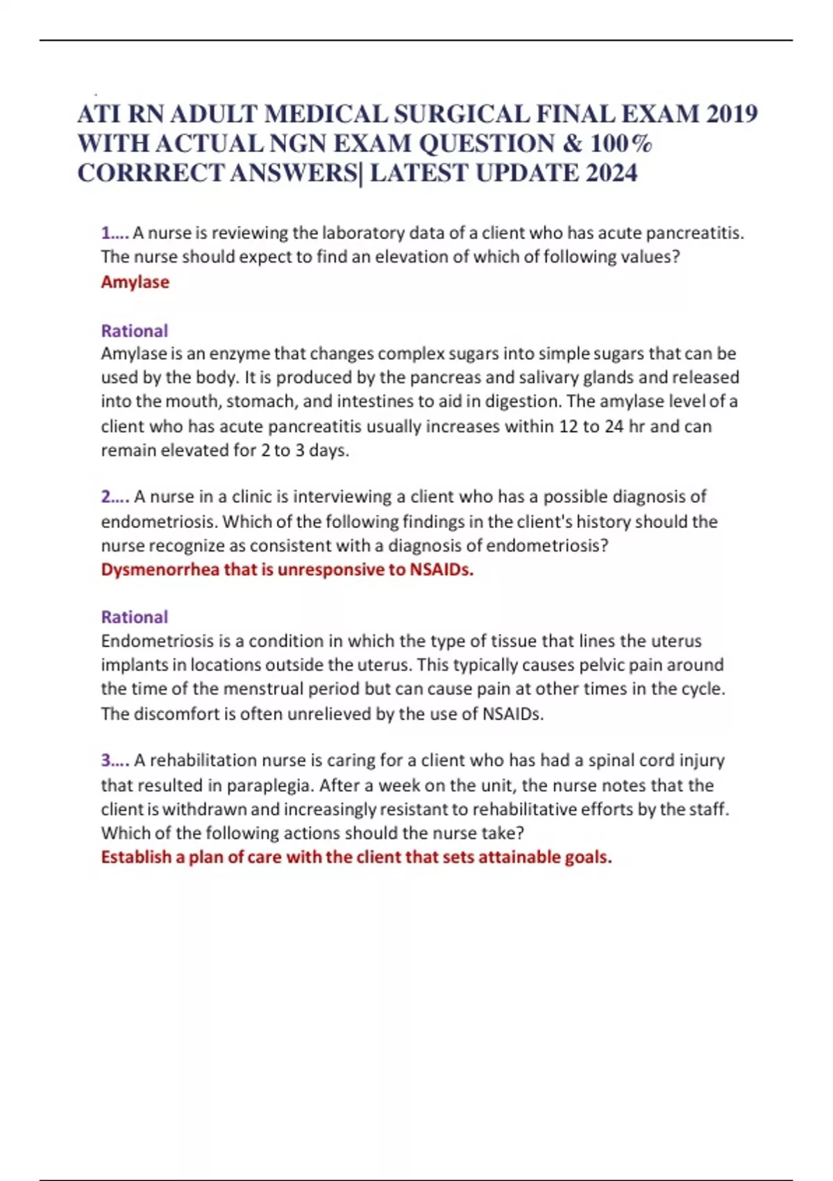 ATI RN ADULT MEDICAL SURGICAL FINAL EXAM 2019 WITH ACTUAL NGN EXAM