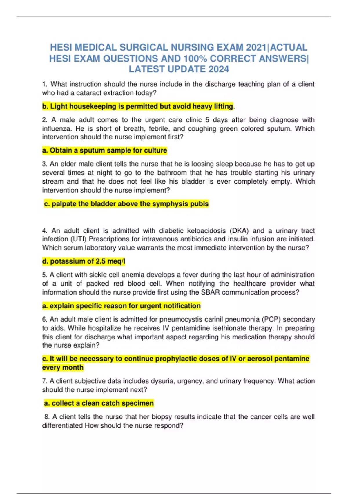 HESI MEDICAL SURGICAL NURSING EXAM 2021|ACTUAL HESI EXAM QUESTIONS AND ...