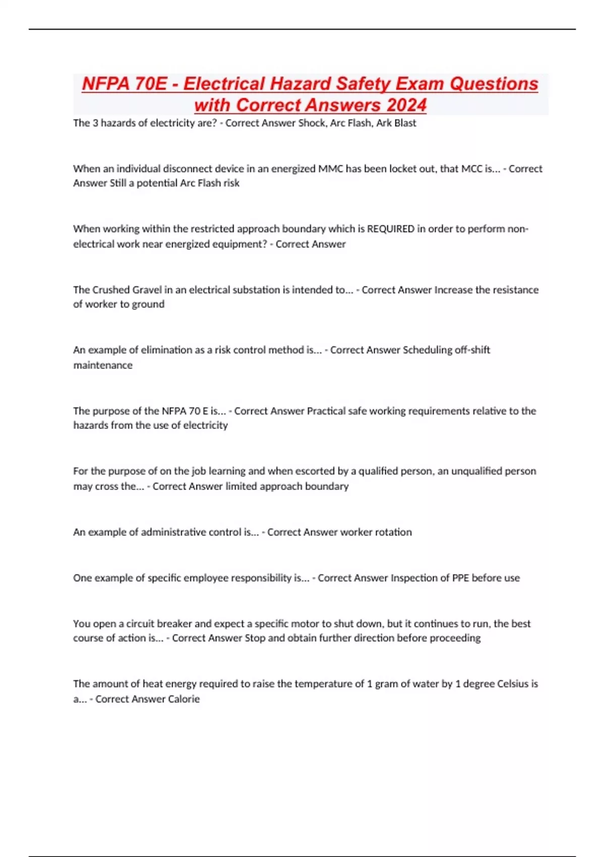 NFPA 70E Electrical Hazard Safety Exam Questions with Correct Answers