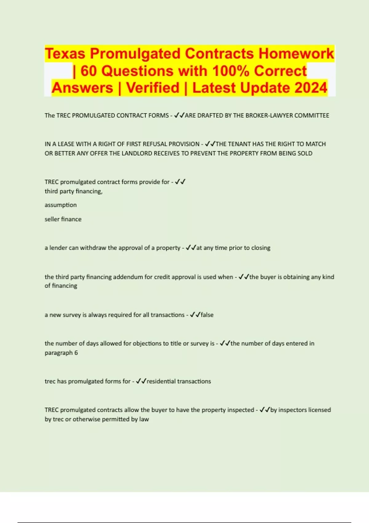 Texas Promulgated Contracts Homework 60 Questions with 100 Correct