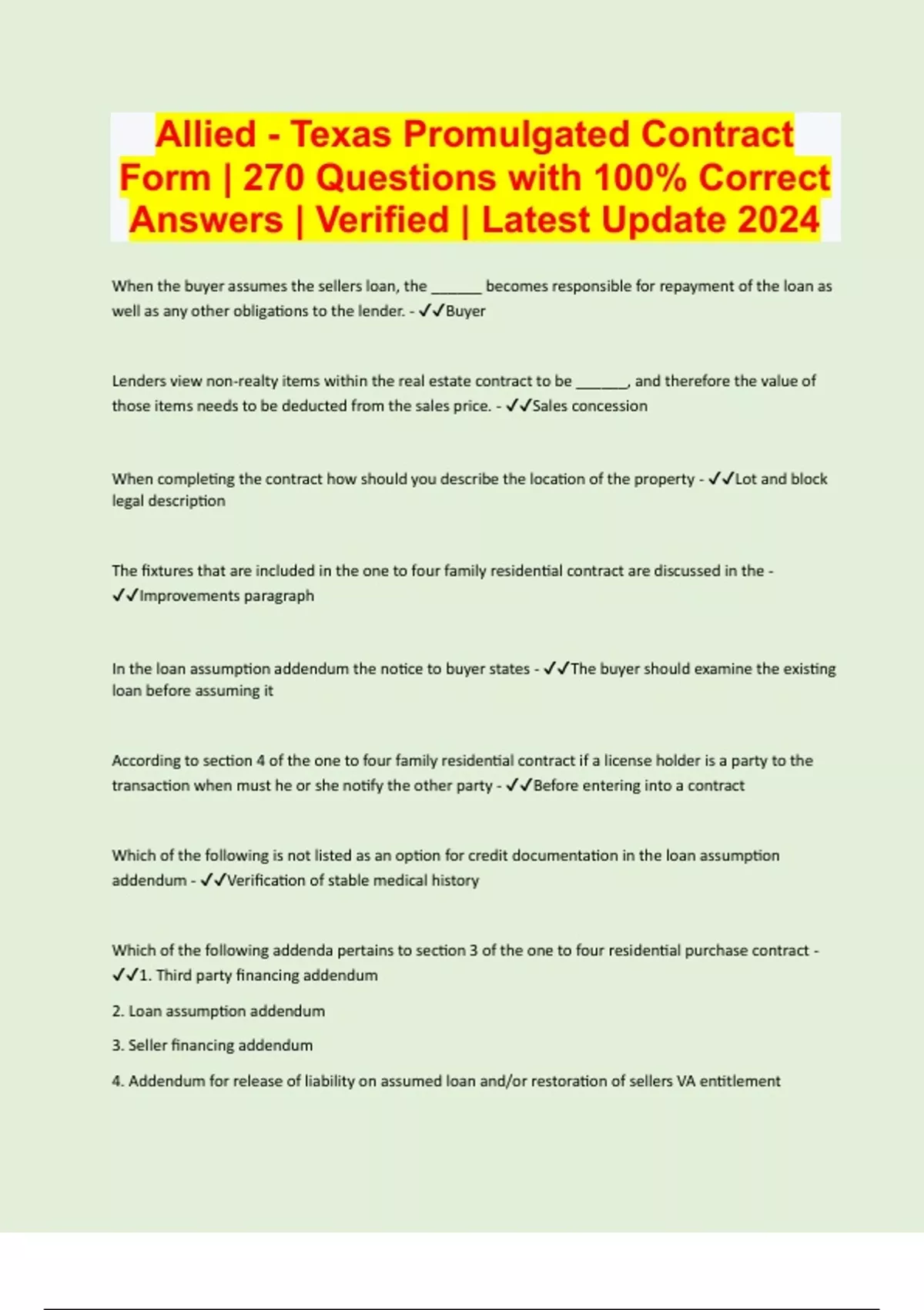 Allied Texas Promulgated Contract Form 270 Questions with 100