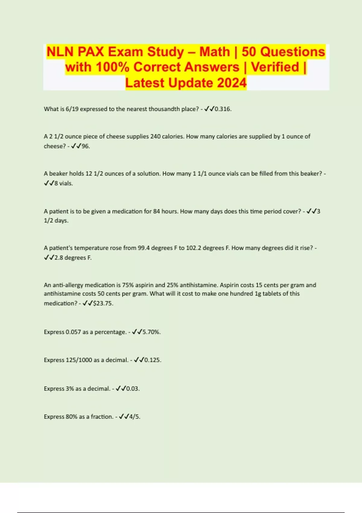 NLN PAX Exam Study Math 50 Questions with 100 Correct Answers