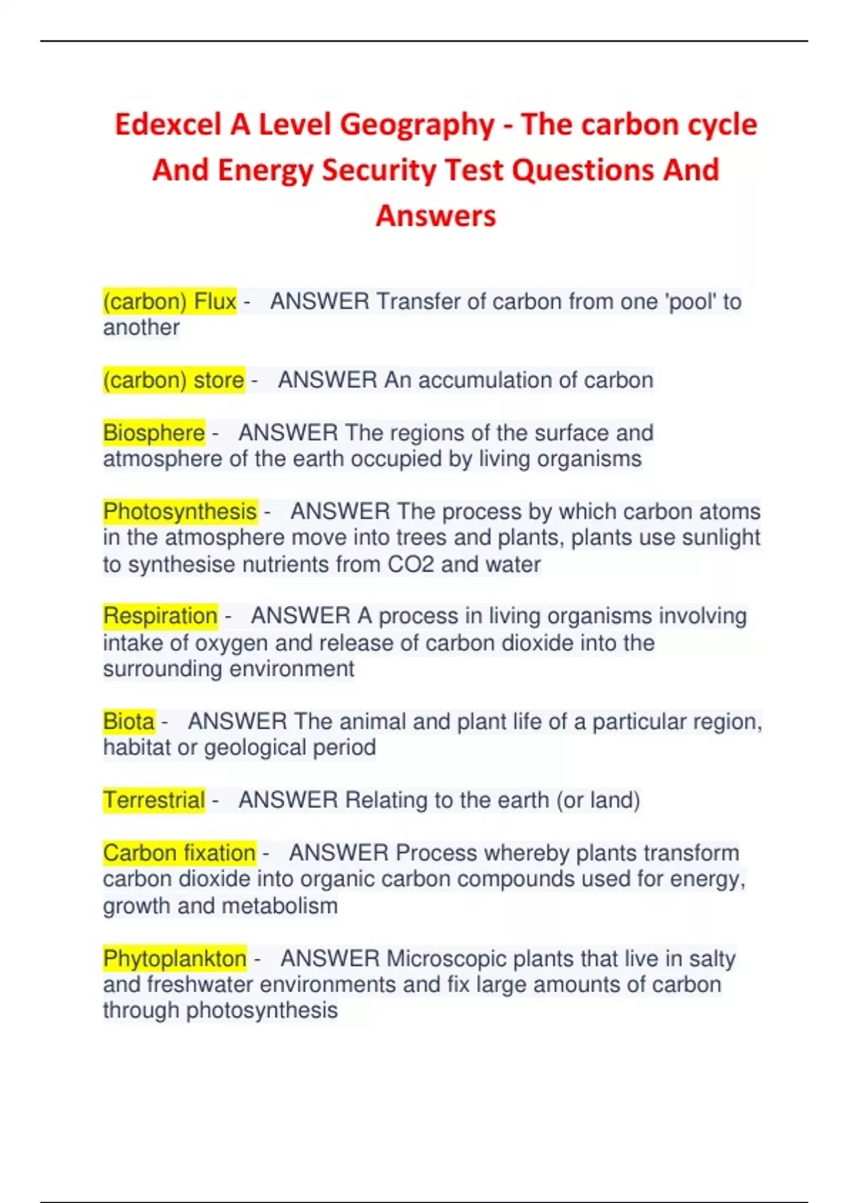 Edexcel A Level Geography - The carbon cycle And Energy Security Test ...