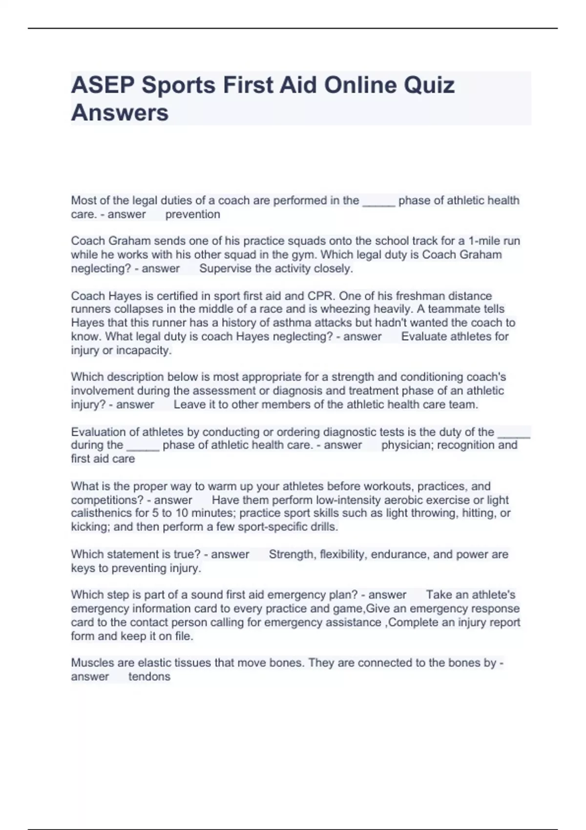 ASEP Sports First Aid Online Quiz Answers Questions with solutions 2024