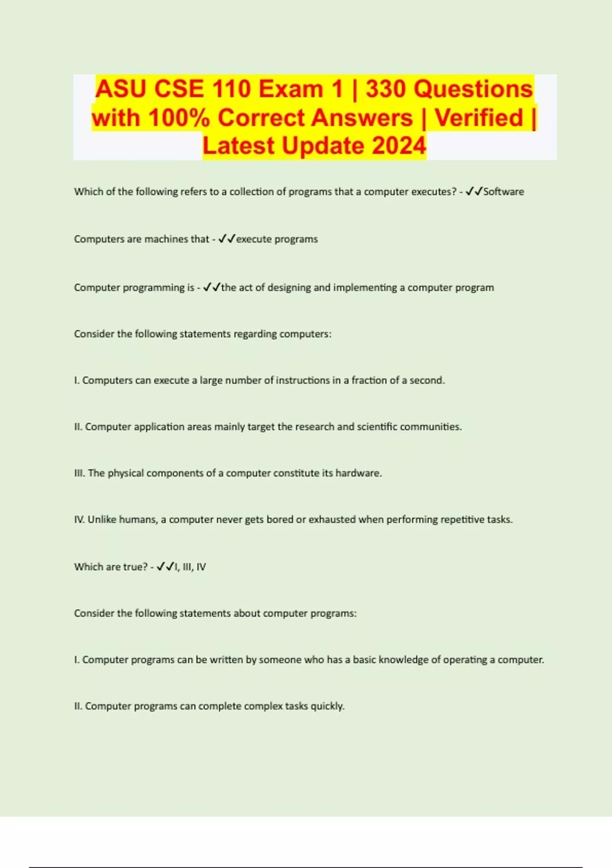 ASU CSE 110 Exam 1 | 330 Questions with 100% Correct Answers | Verified ...