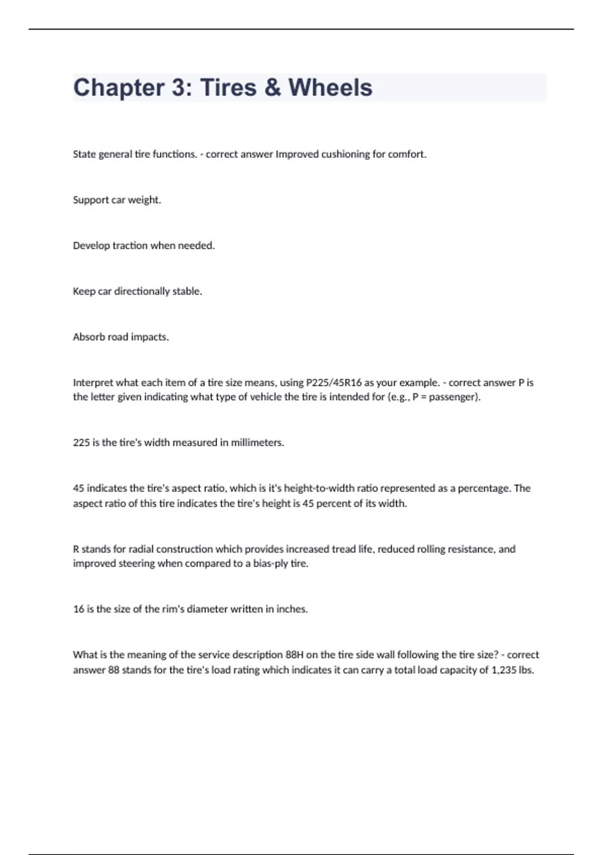 Chapter 3 Tires & Wheels Question and answers correct solved 2023/2024 ...