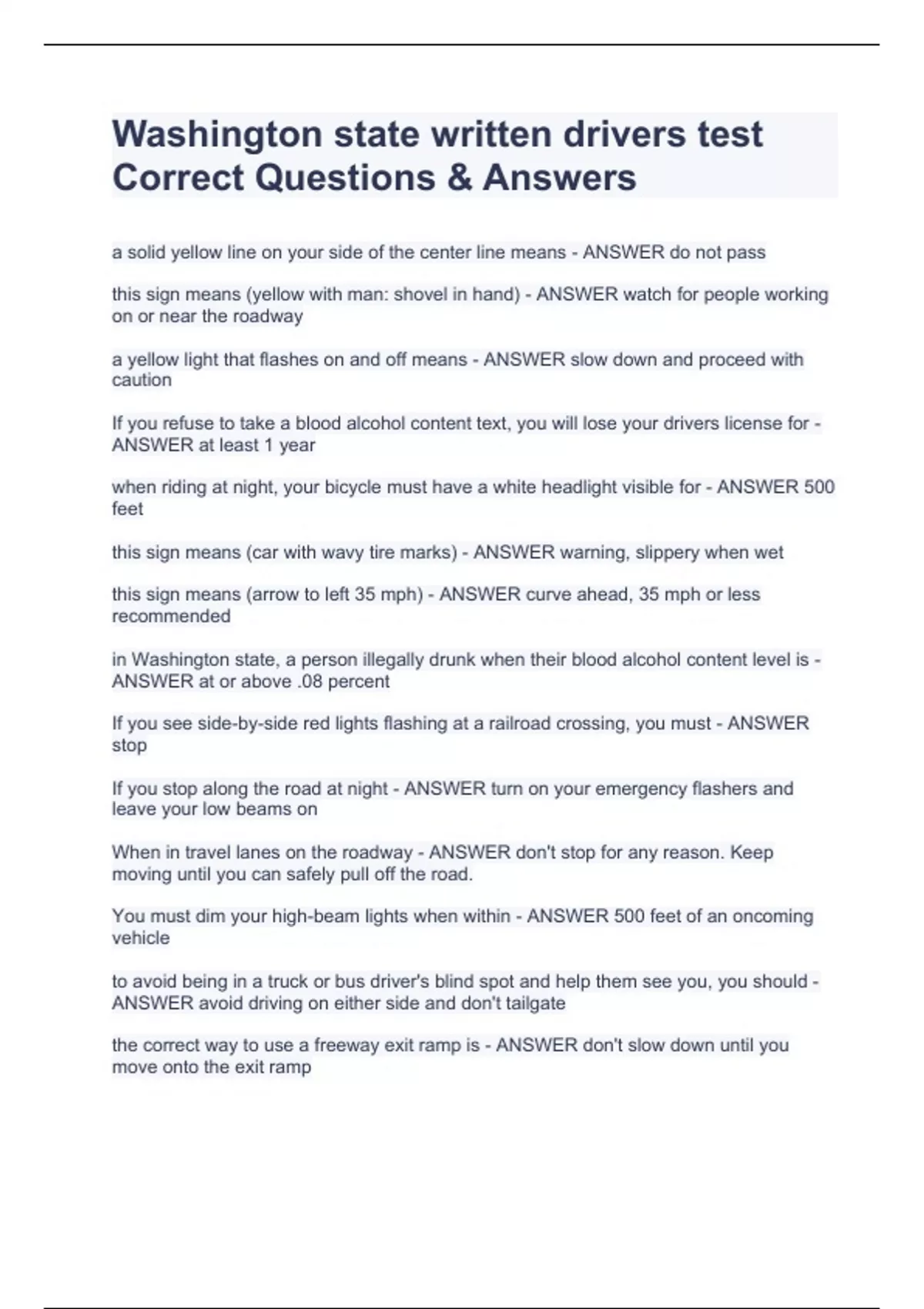 Washington state written drivers test Correct Questions & Answers