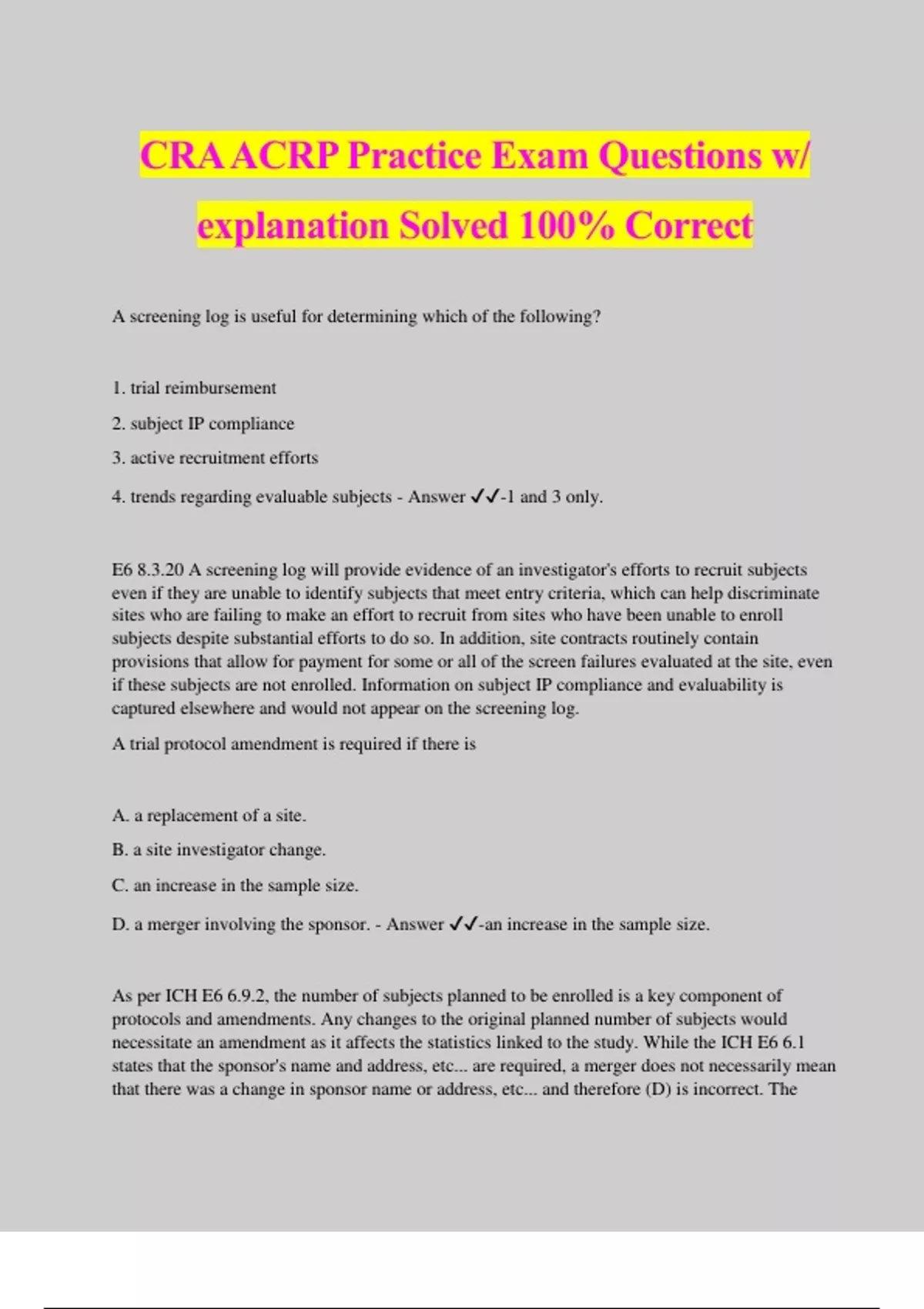 CRA ACRP Practice Exam Questions w/ explanation Solved 100% Correct ...