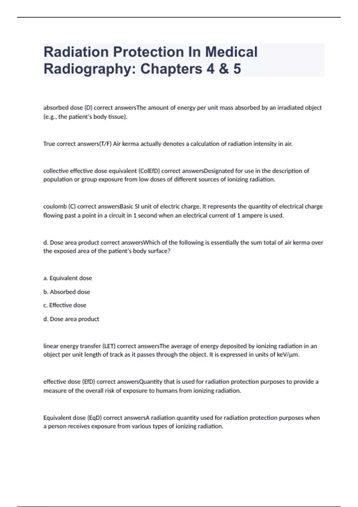Radiation Protection In Medical Radiography Chapters 4 & 5 exam 2024