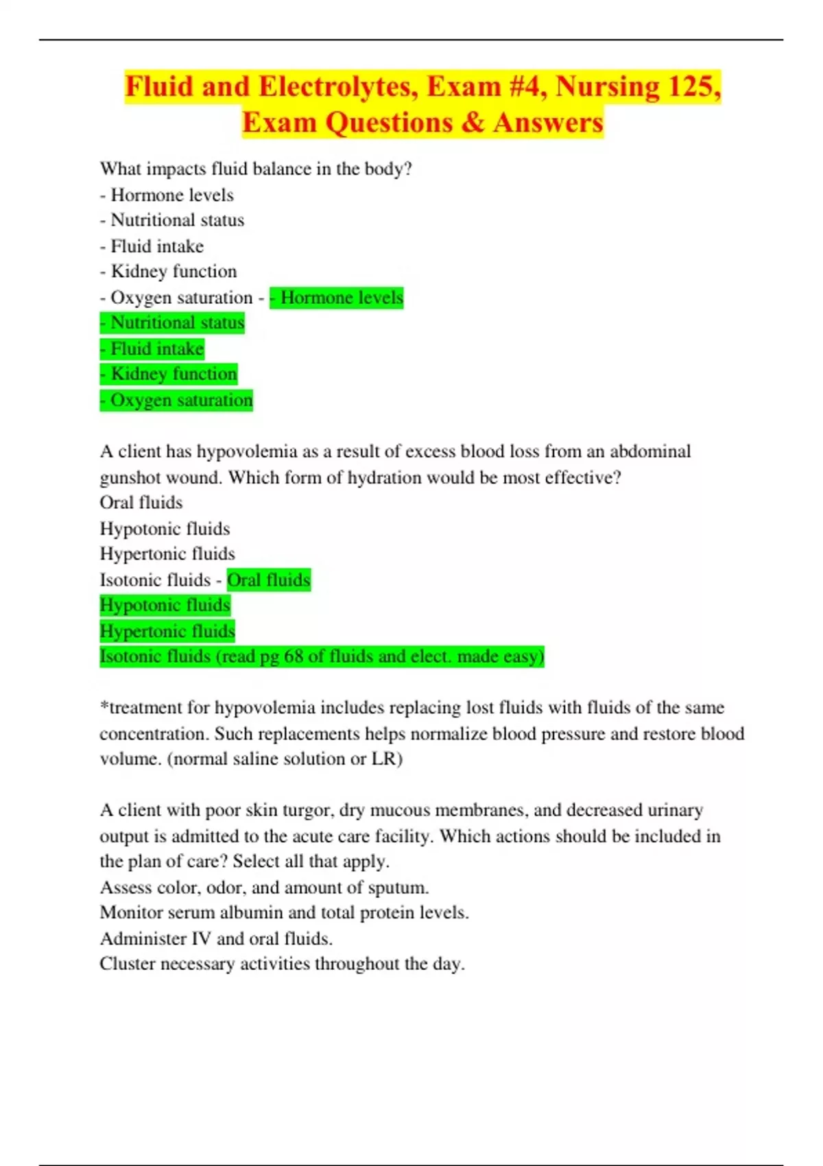 Fluid and Electrolytes, Exam 4, Nursing 125, Exam Questions & Answers Fluid and Electrolytes