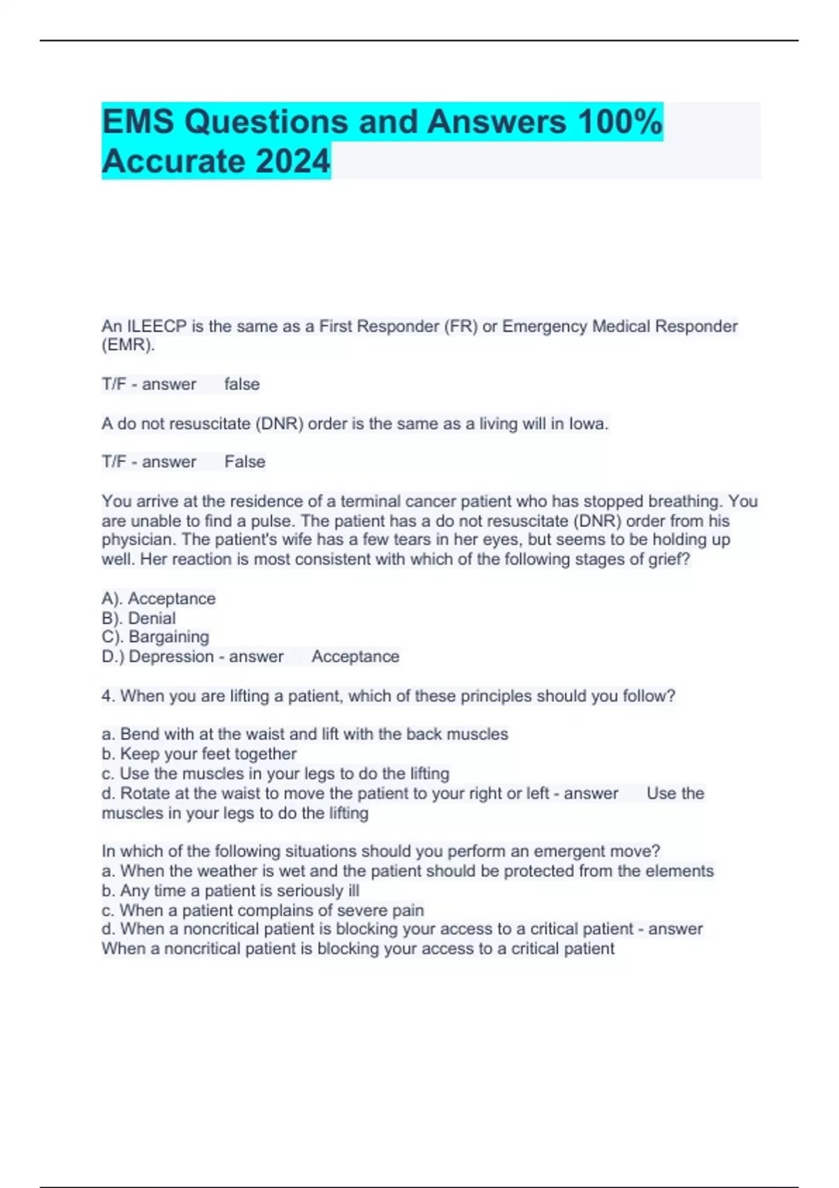 EMS Questions and Answers 100 Accurate 2024 EMS Stuvia US