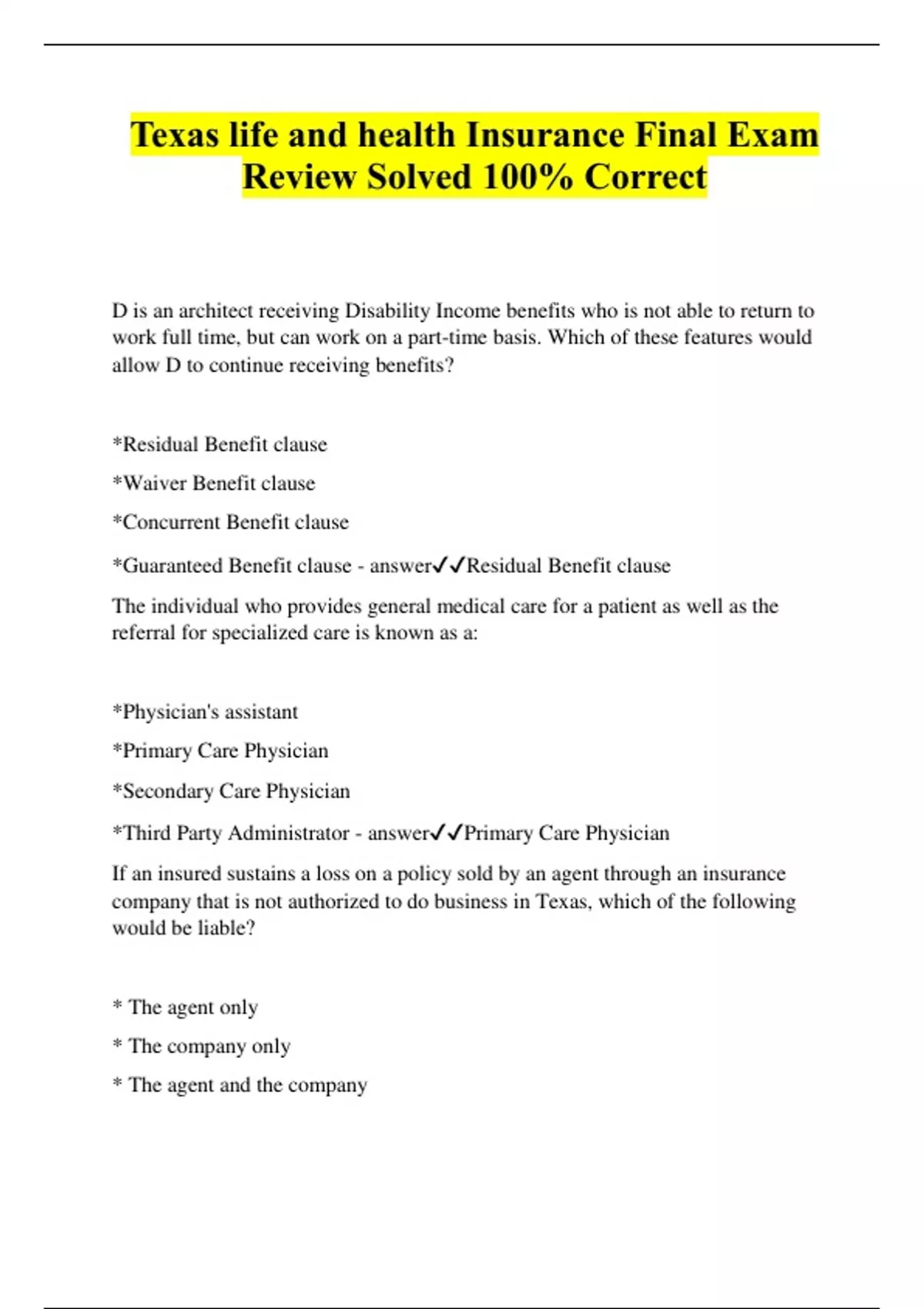 Texas life and health Insurance Final Exam Review Solved 100 Correct