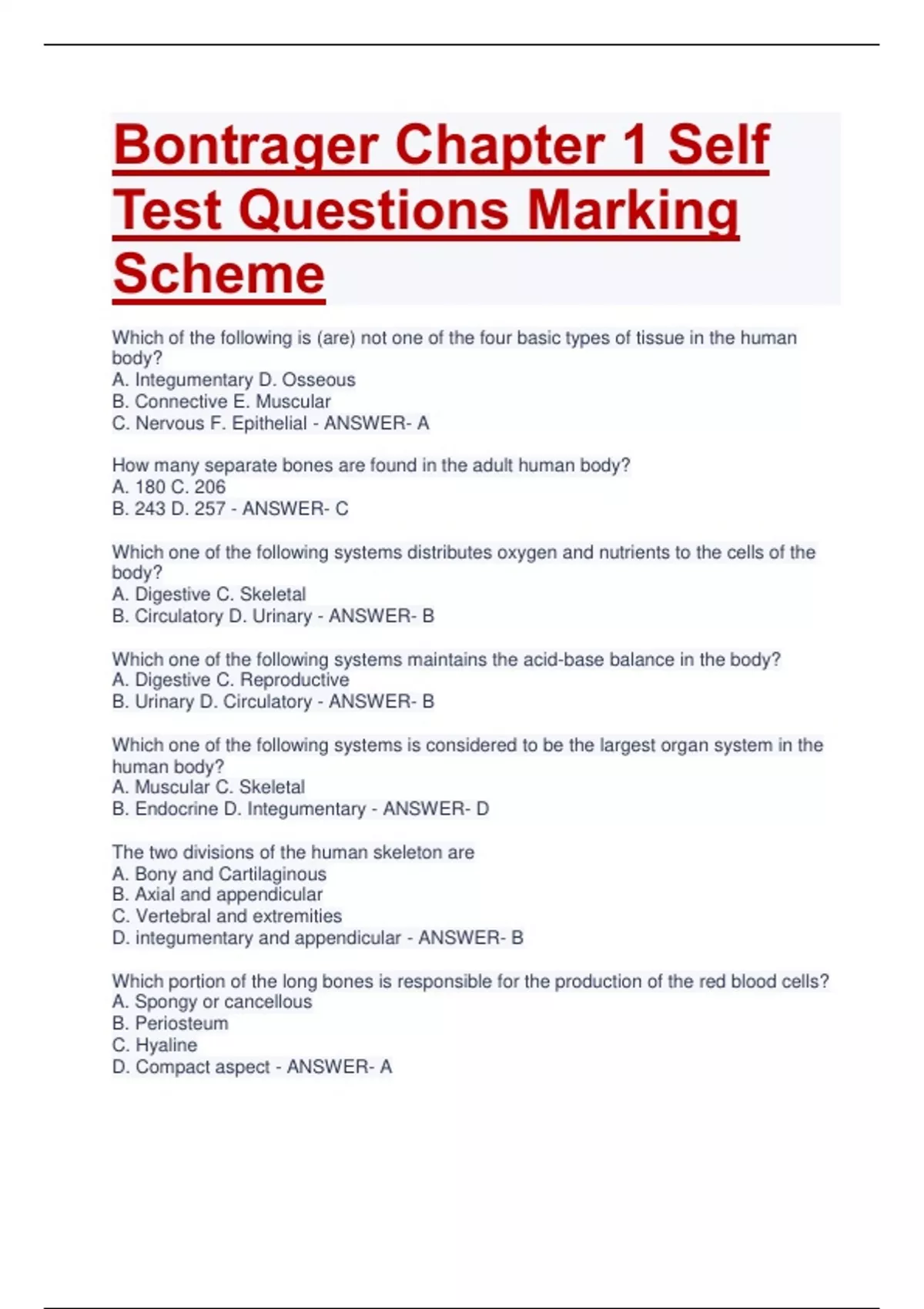 Bontrager Chapter 1 Self Test Questions Marking Scheme - Bontrager ...