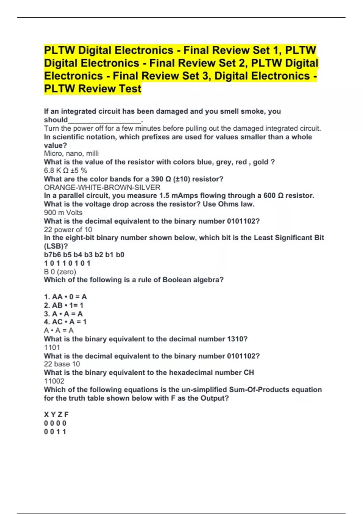 PLTW Digital Electronics Final Review Set 1, PLTW Digital Electronics