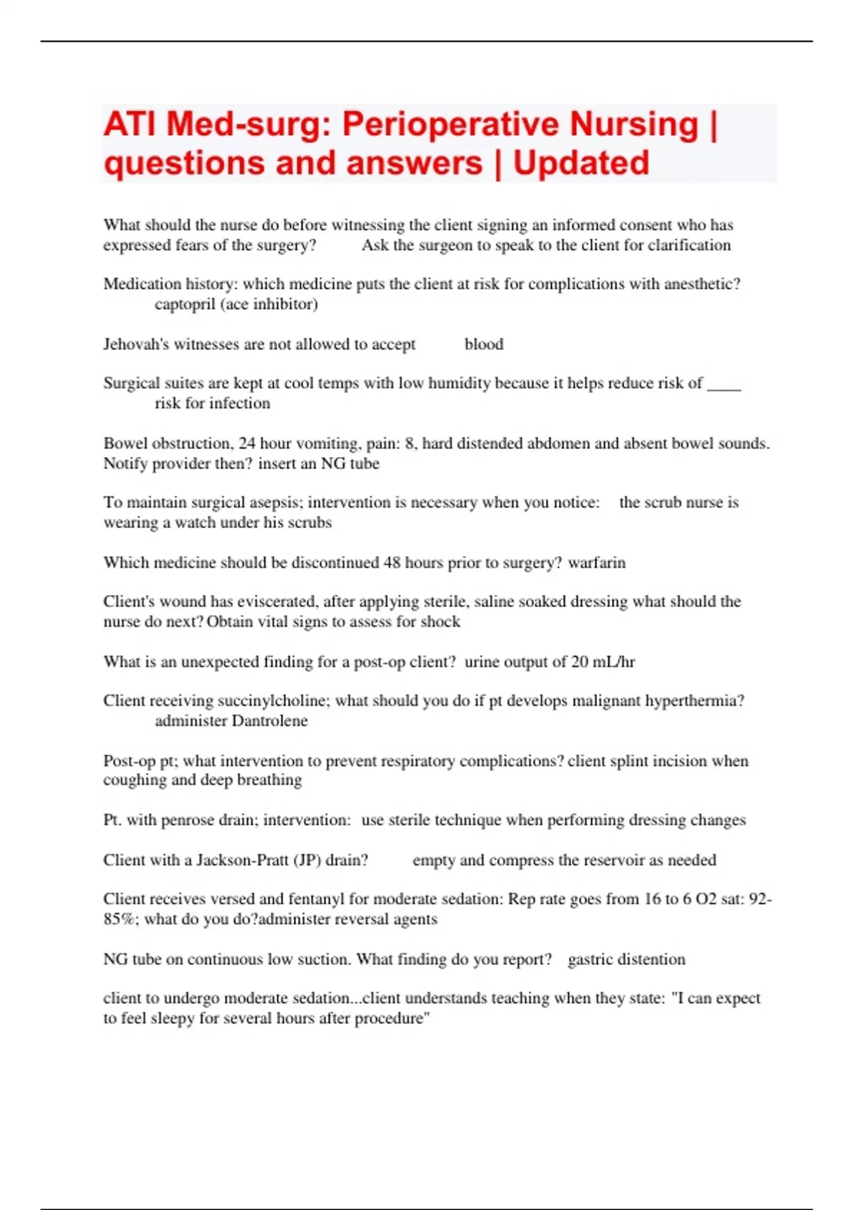 ATI Medsurg Perioperative Nursing questions and answers Updated
