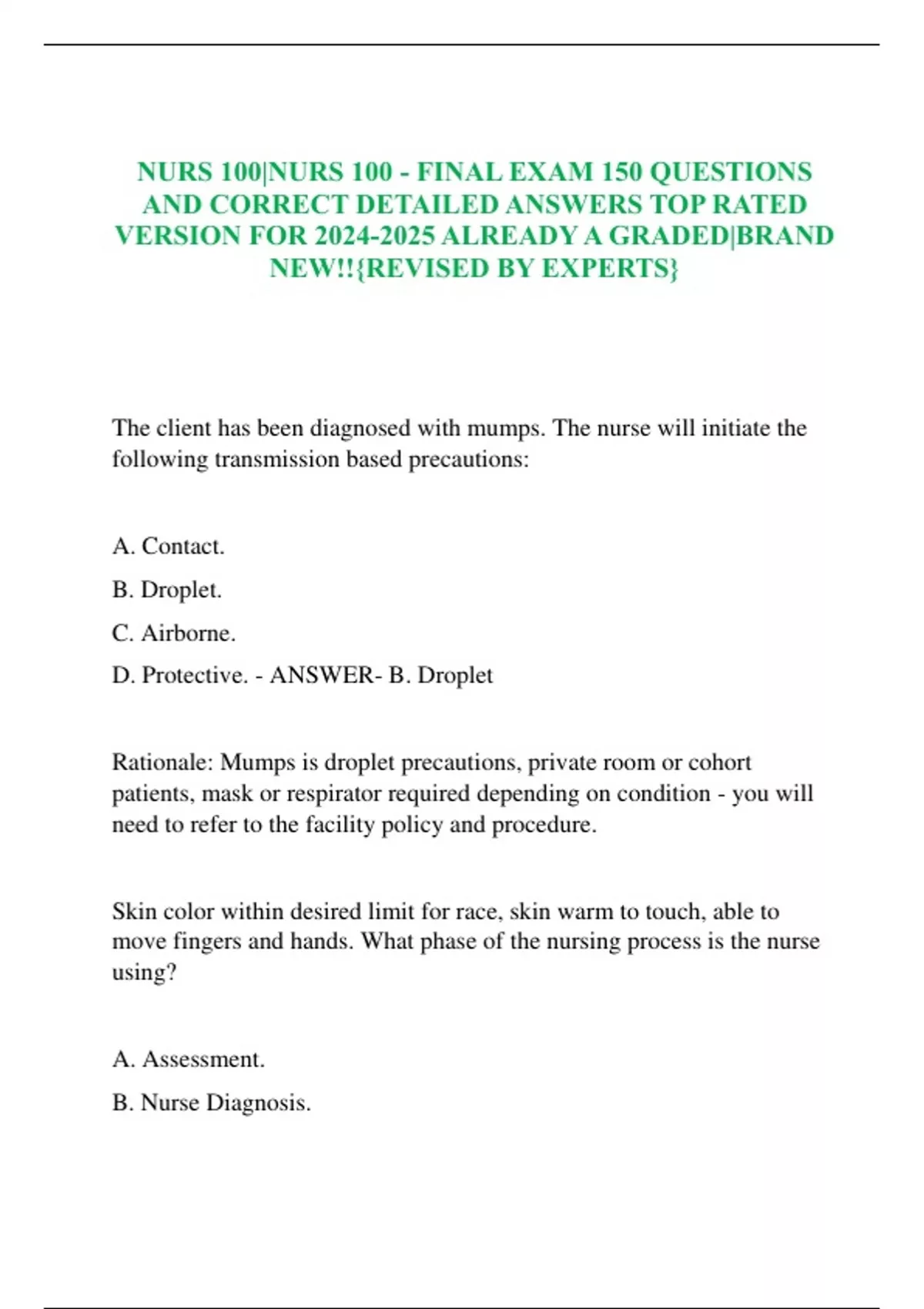NURS 100|NURS 100 - FINAL EXAM 150 QUESTIONS AND CORRECT DETAILED ...