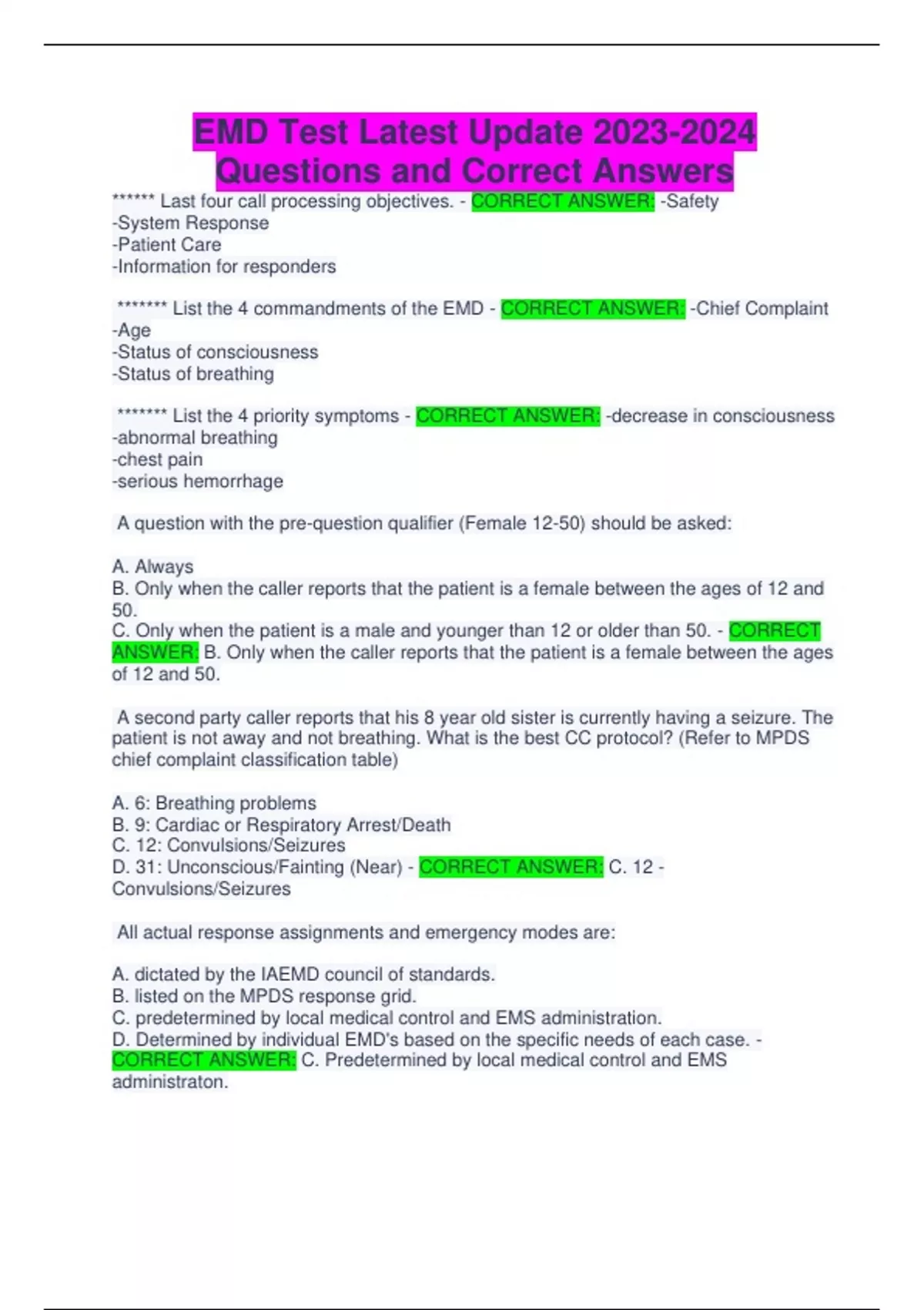 EMD Test Latest Update Questions and Correct Answers EMD Stuvia US