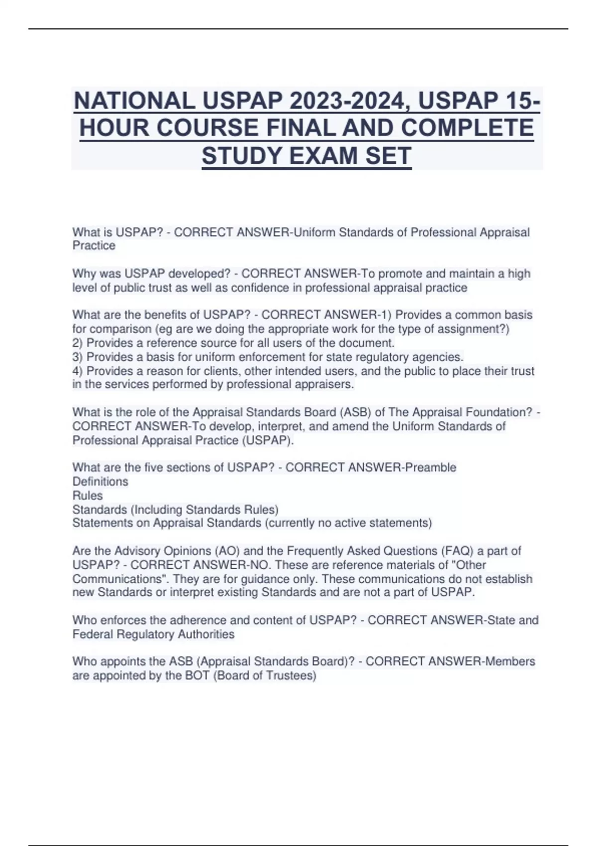 NATIONAL USPAP , USPAP 15 HOUR COURSE FINAL AND COMPLETE STUDY EXAM