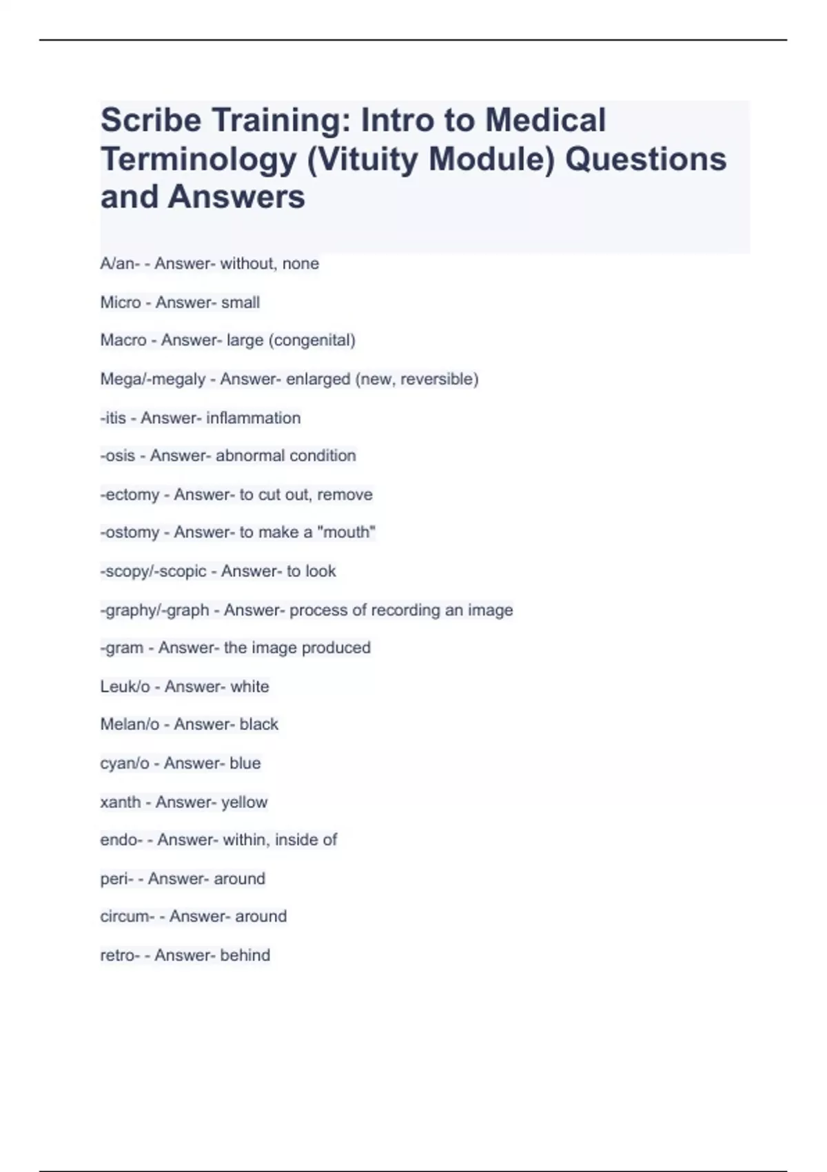 Scribe Training Intro to Medical Terminology (Vituity Module) Questions