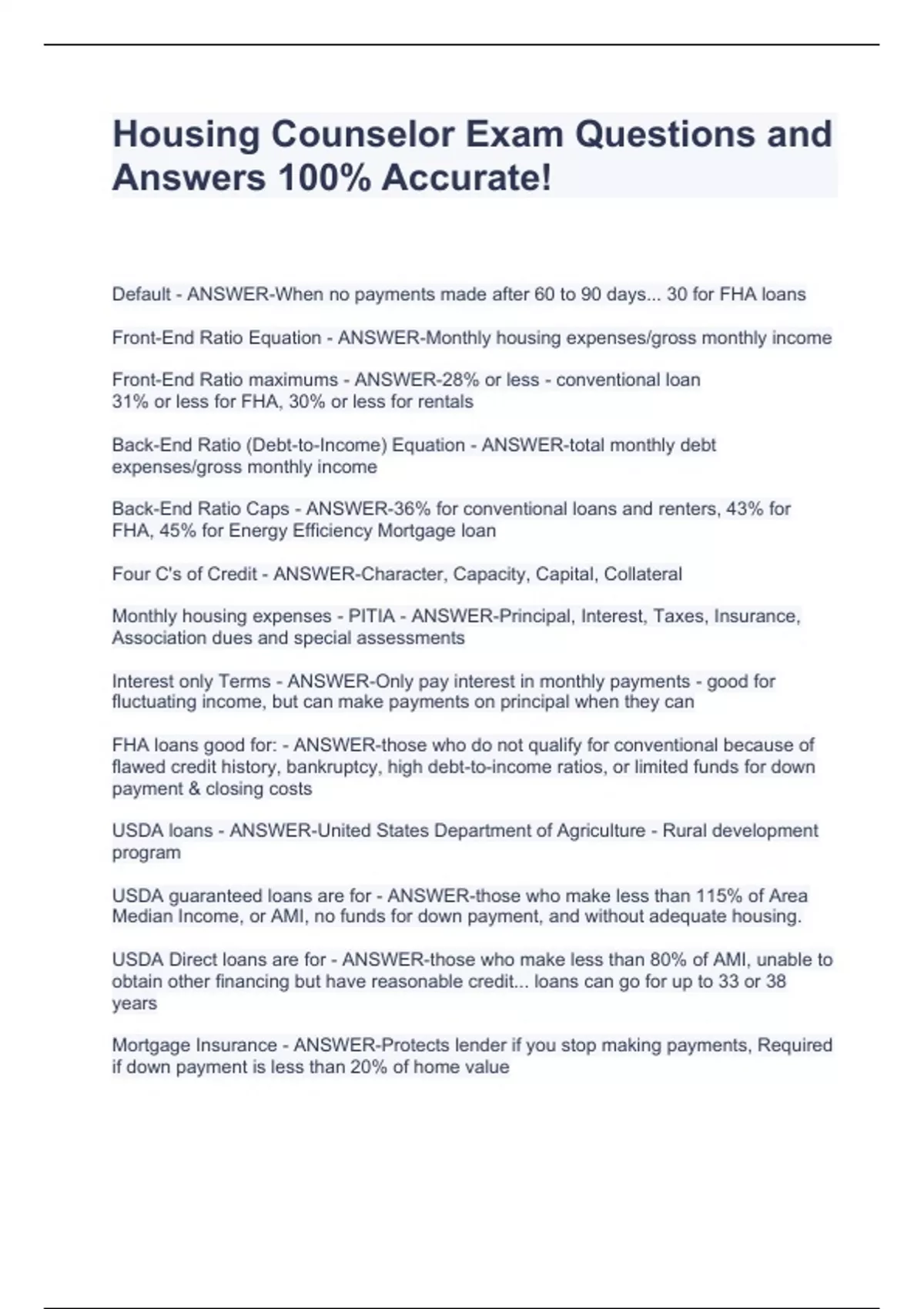 Housing Counselor Exam Questions and Answers 100 Accurate! Housing